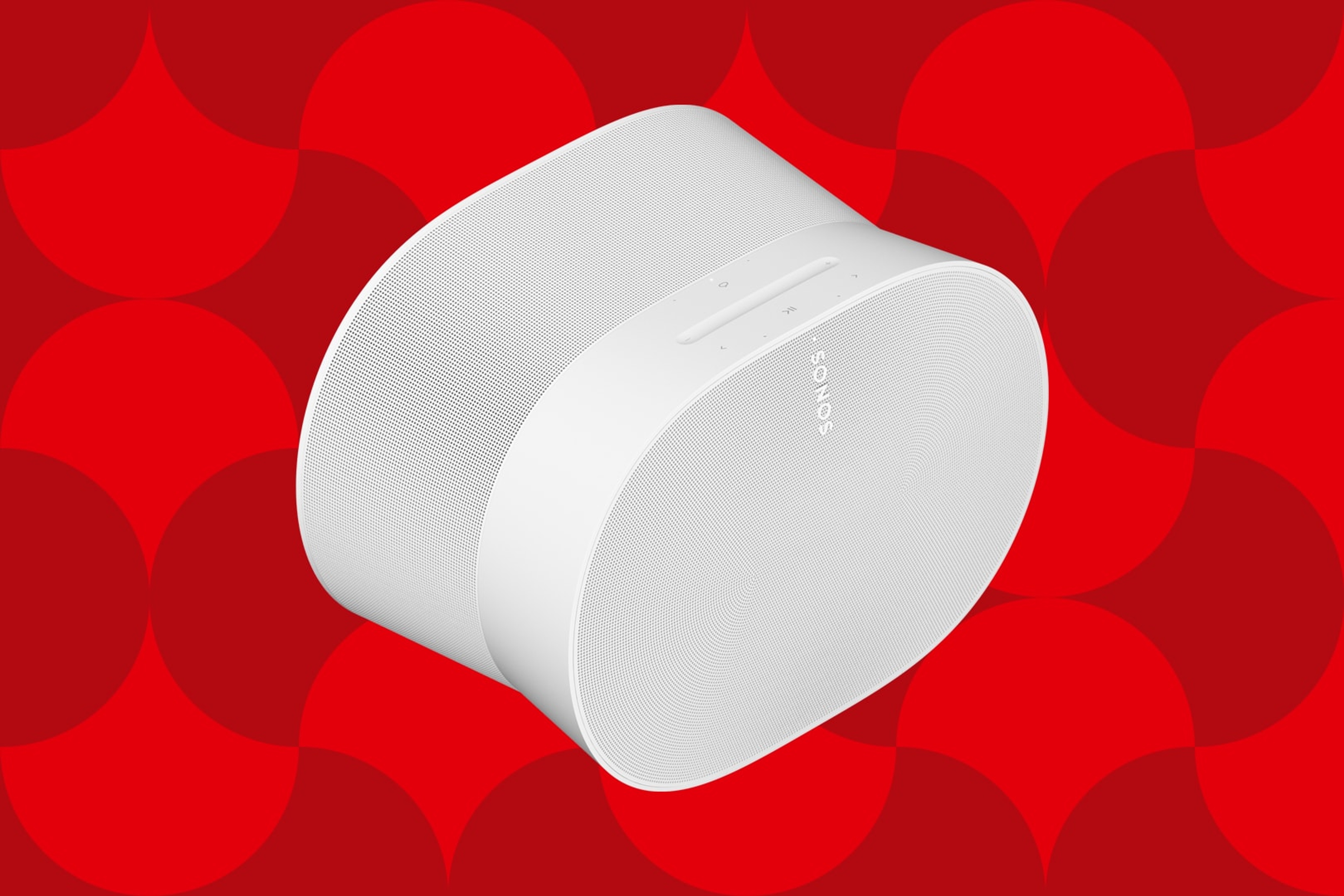 Image of a white Sonos Era 300 speaker on a red graphic holiday background