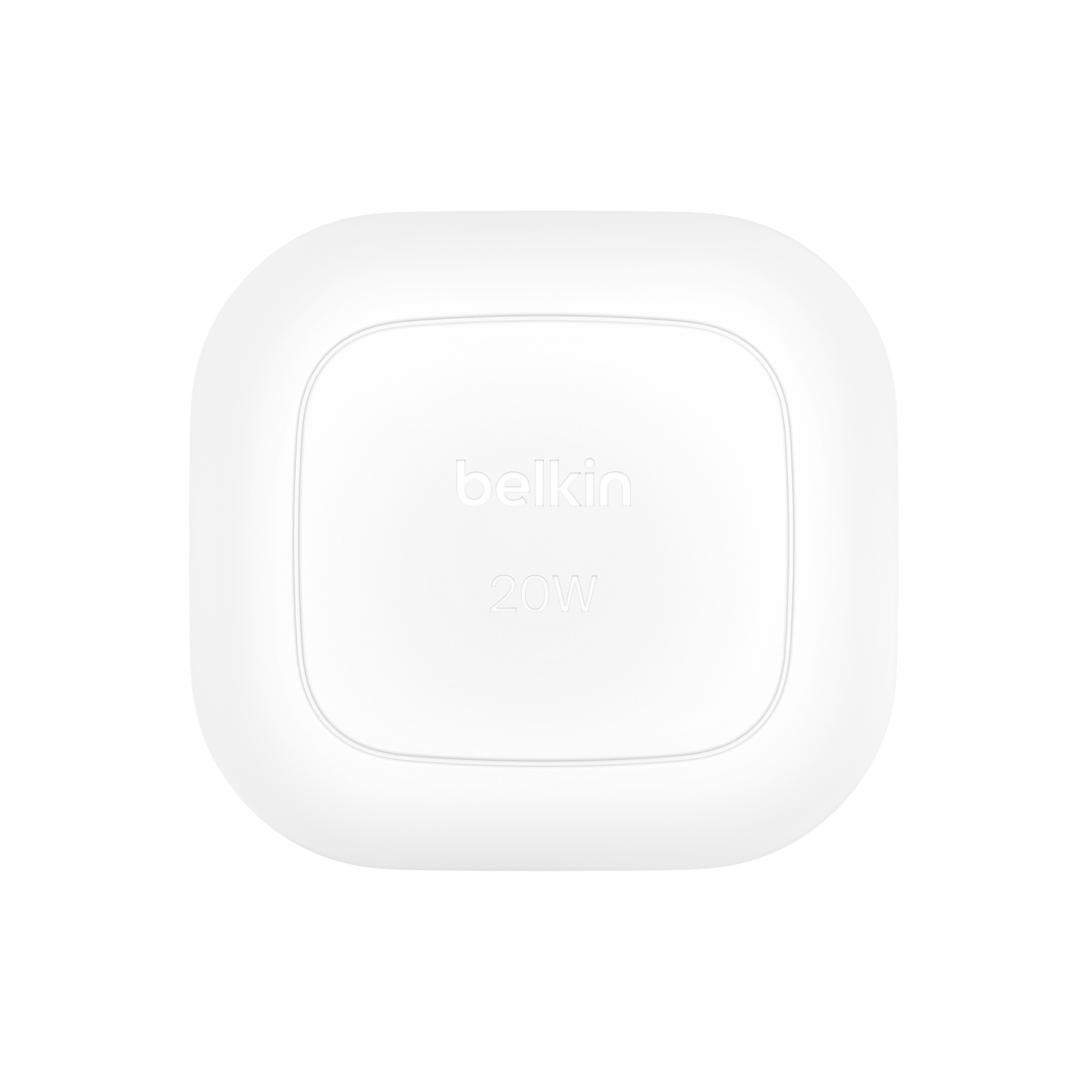 Back of the white Belkin 20w USB-C power adapter