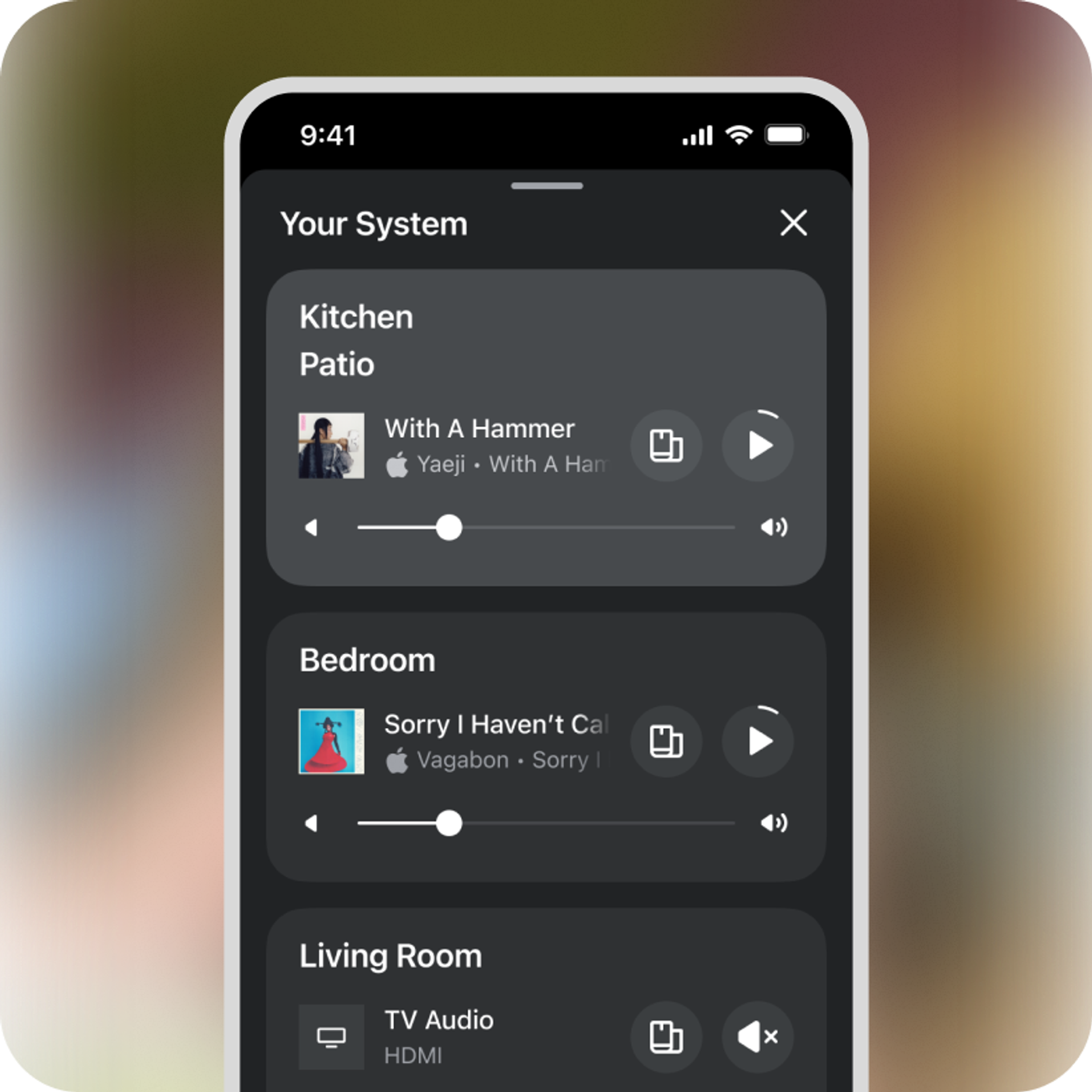 Sonos app screen showing the Your System view with multi-room audio zones including Kitchen, Patio, Bedroom, and Living Room