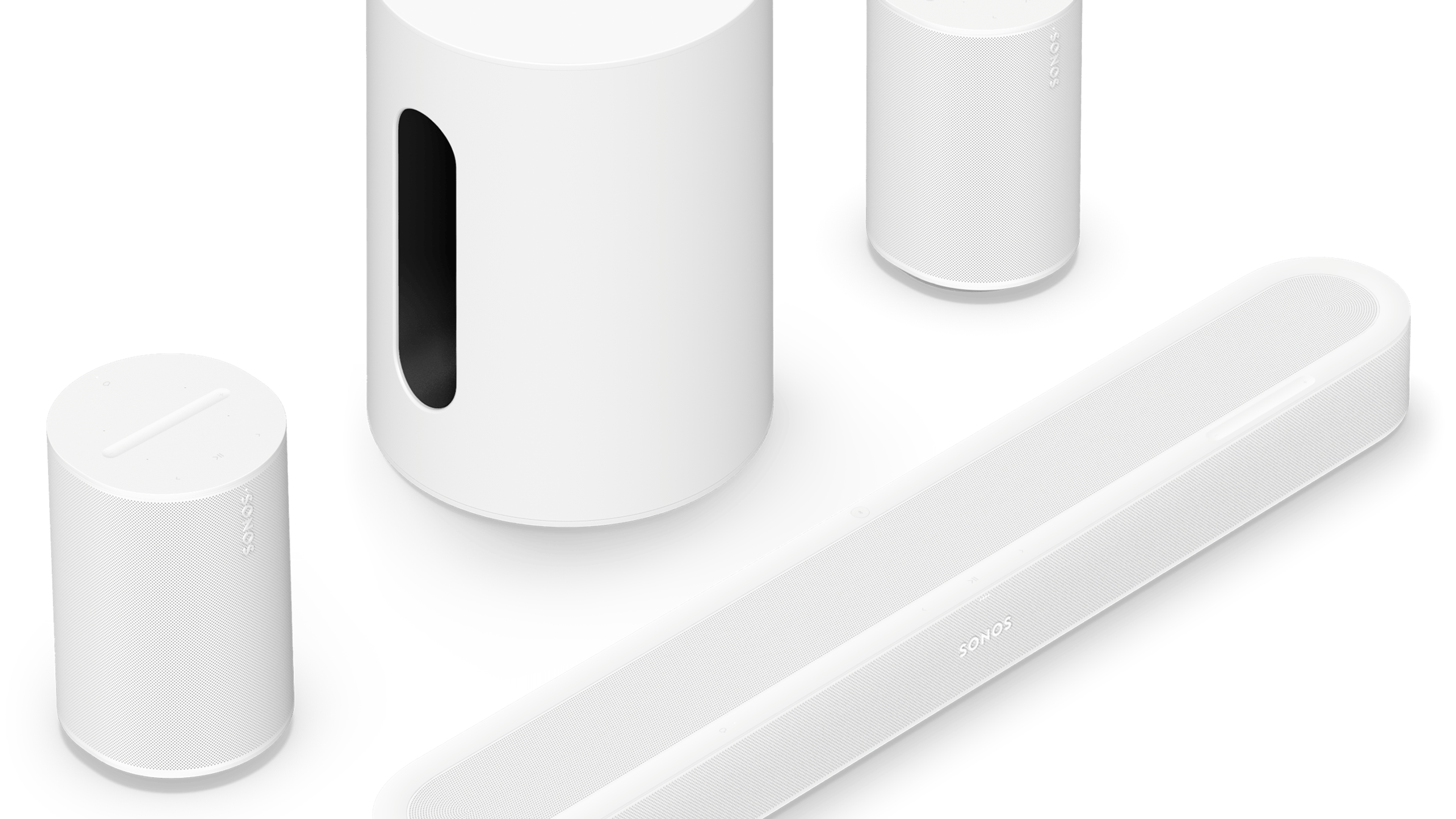 Beam Ultra, Sub Mini și o pereche de boxe Era 100, albe