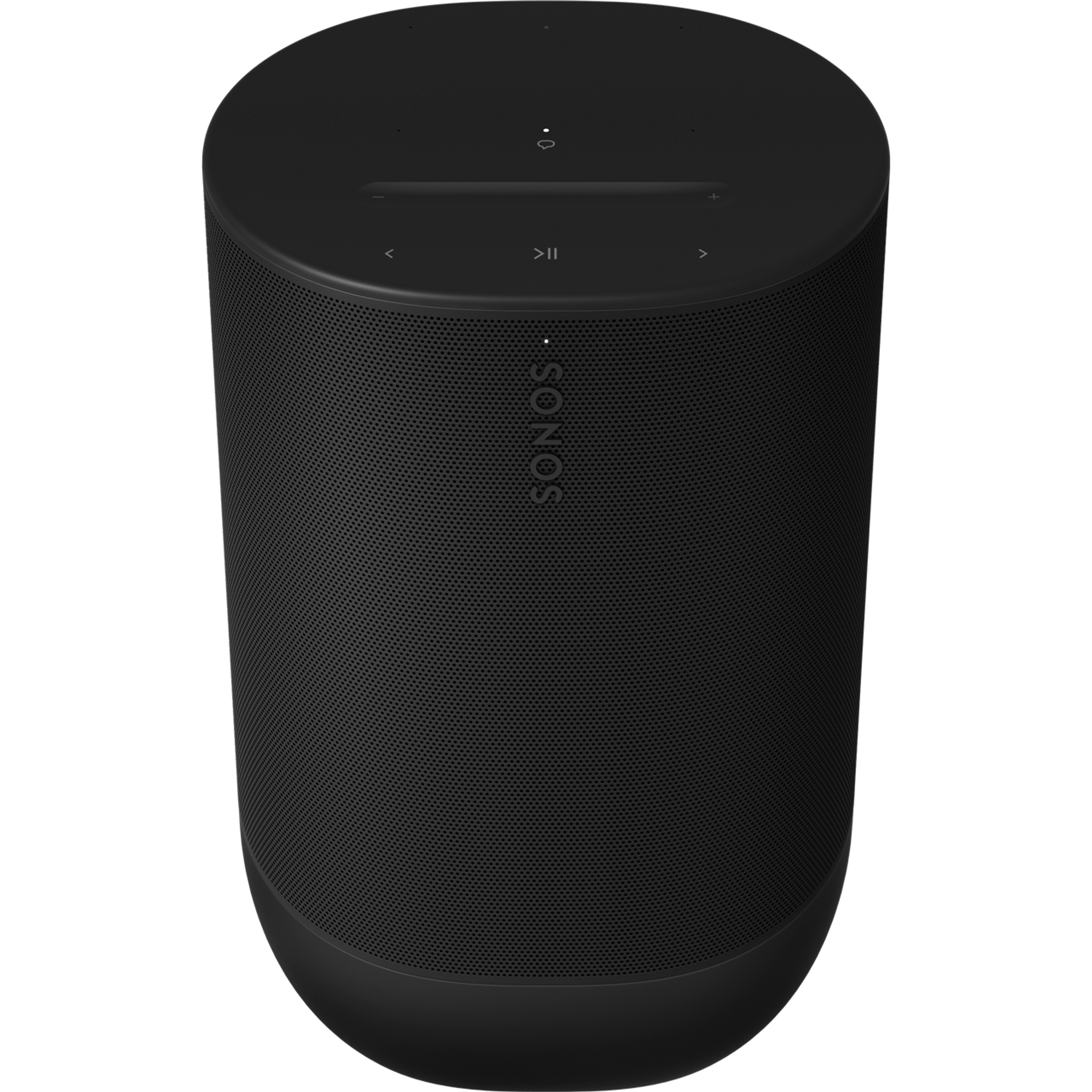 Vorder- und Draufsicht eines schräg positionierten und auf den Kopf gestellten Sonos Move 2 in Schwarz