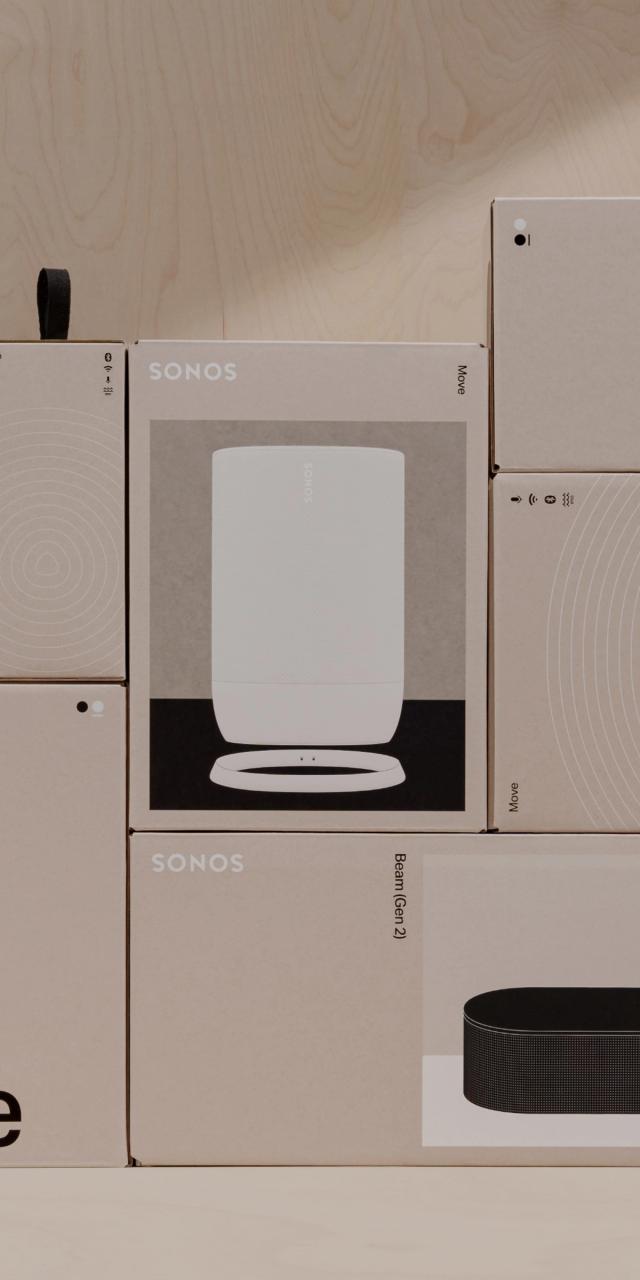 Display of Sonos products in their packaging