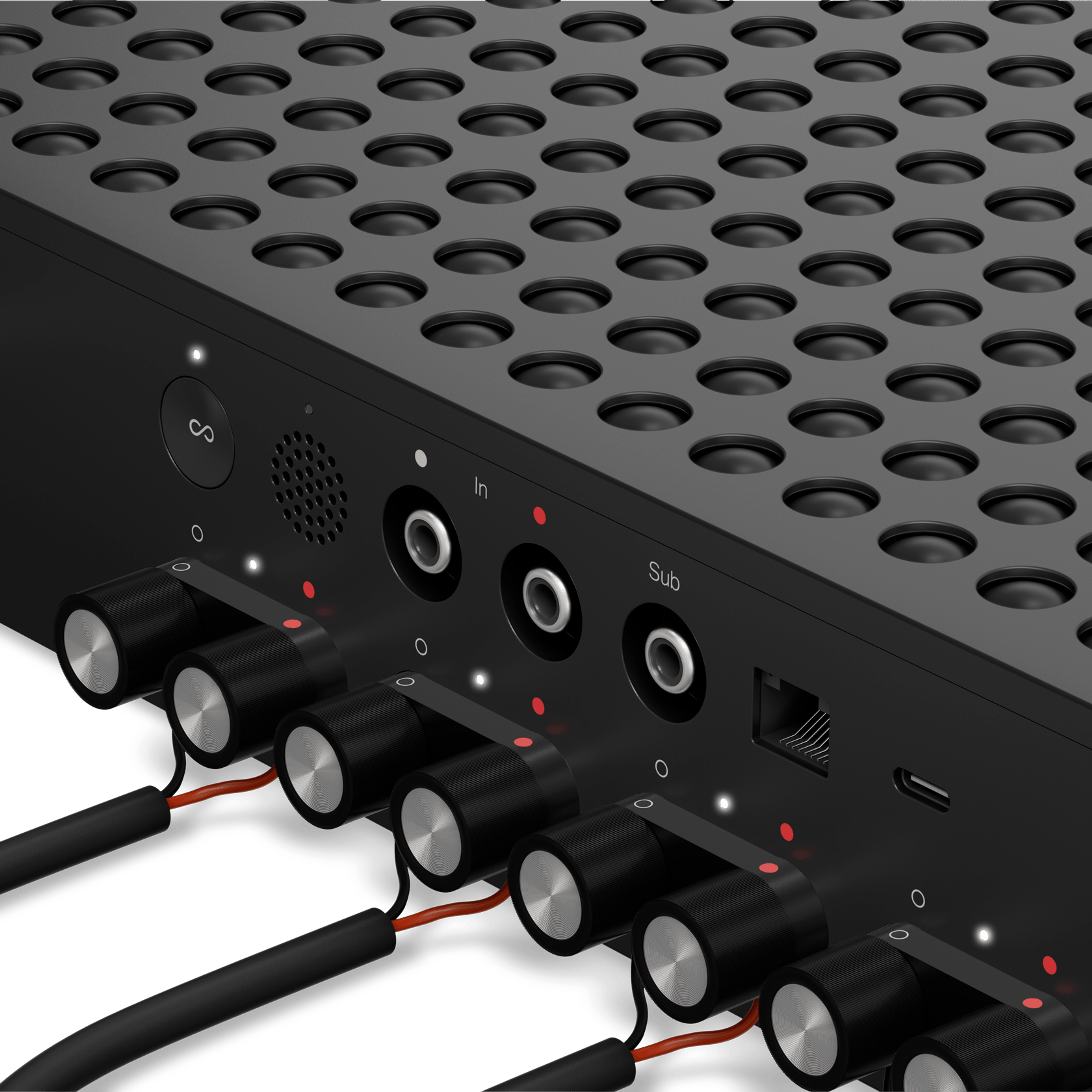 Closeup of the speaker outputs, RCA inputs, subwoofer out, and ethernet port on the back panel of a Sonos Amp Multi