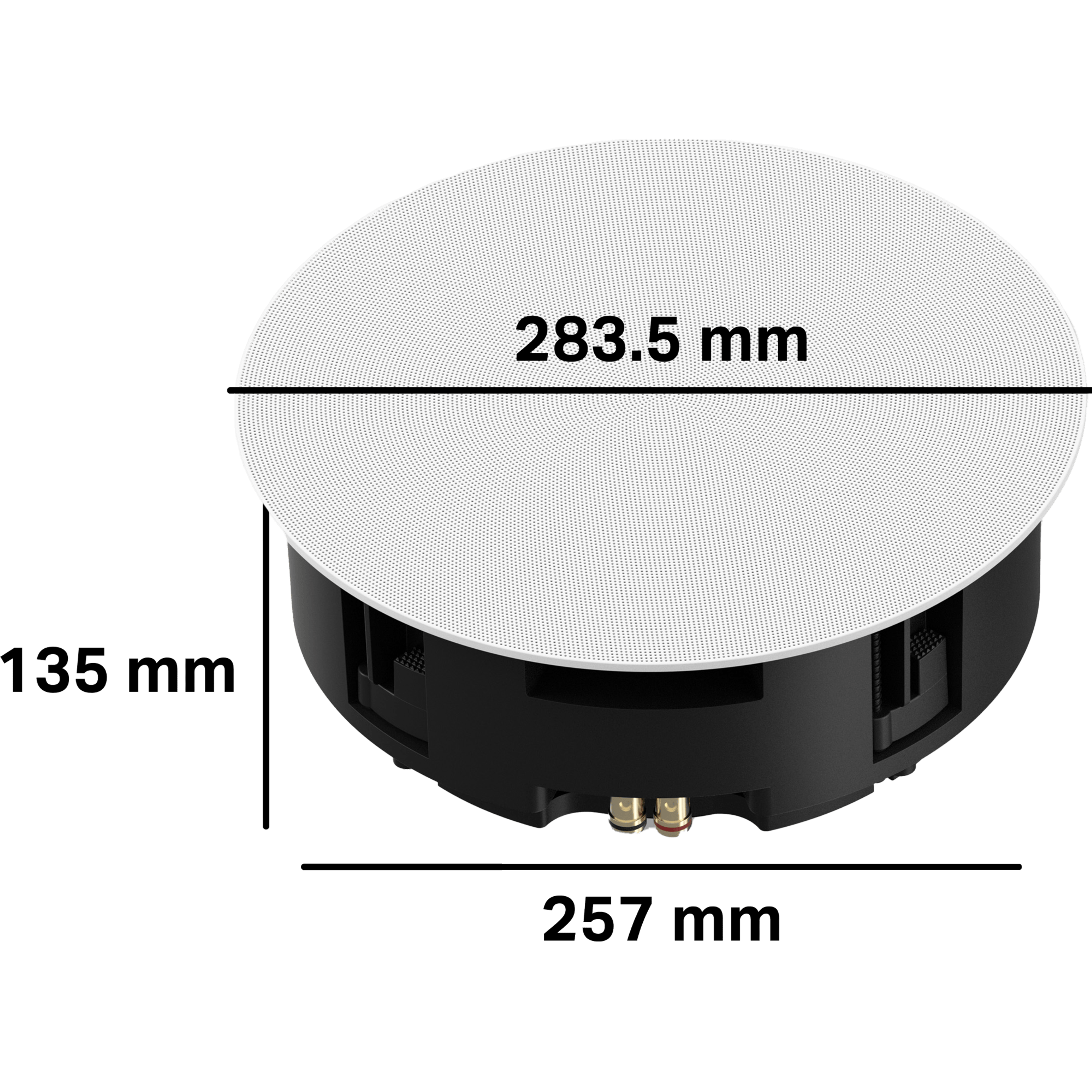 这些吊顶式音响的外壳深度为135 mm，需要257 mm直径的切口。外部格栅直径为283.5 mm。