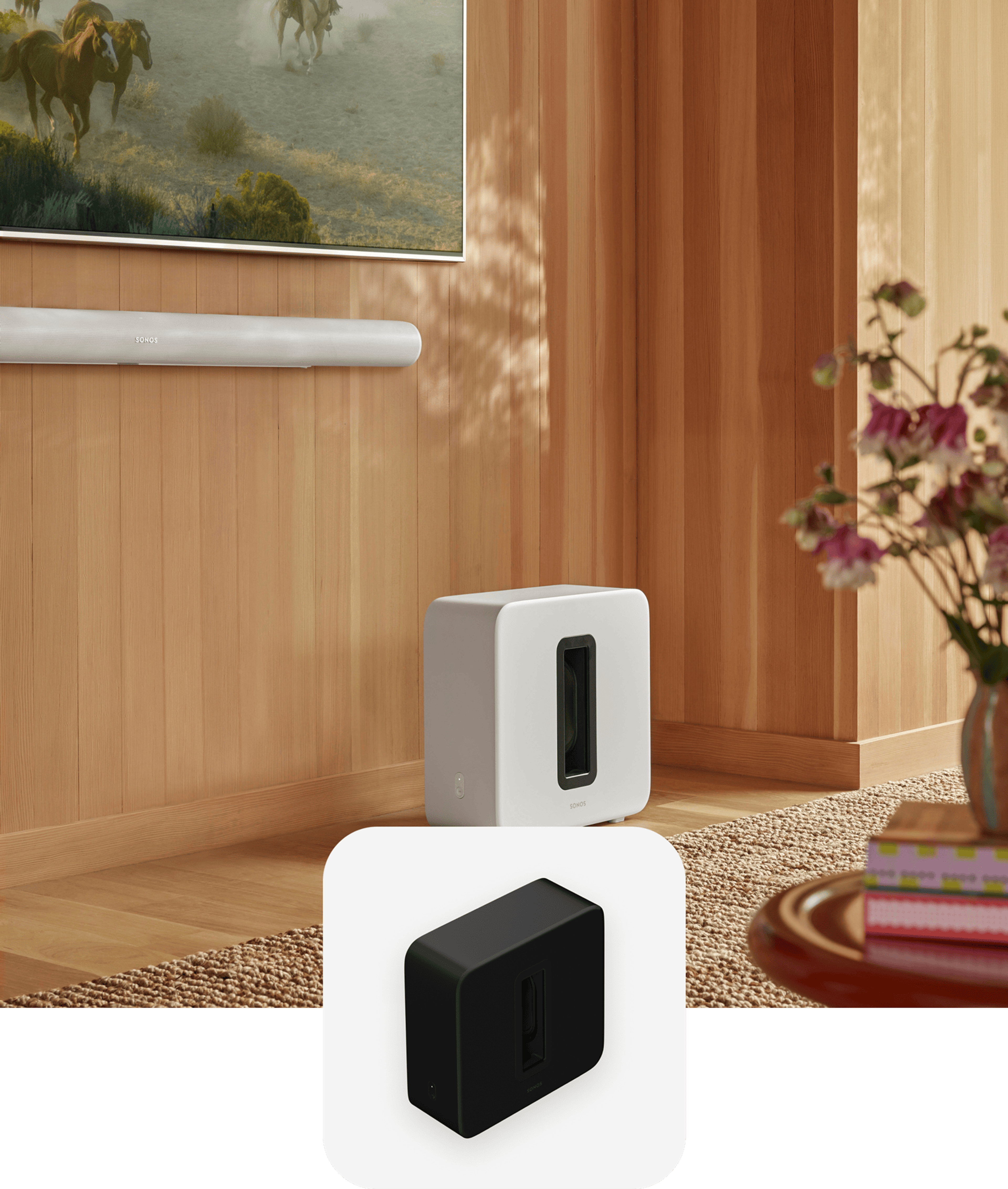 White Sonos Sub 4 and Arc Ultra in the living room with a black Sub 4 product tile overlay