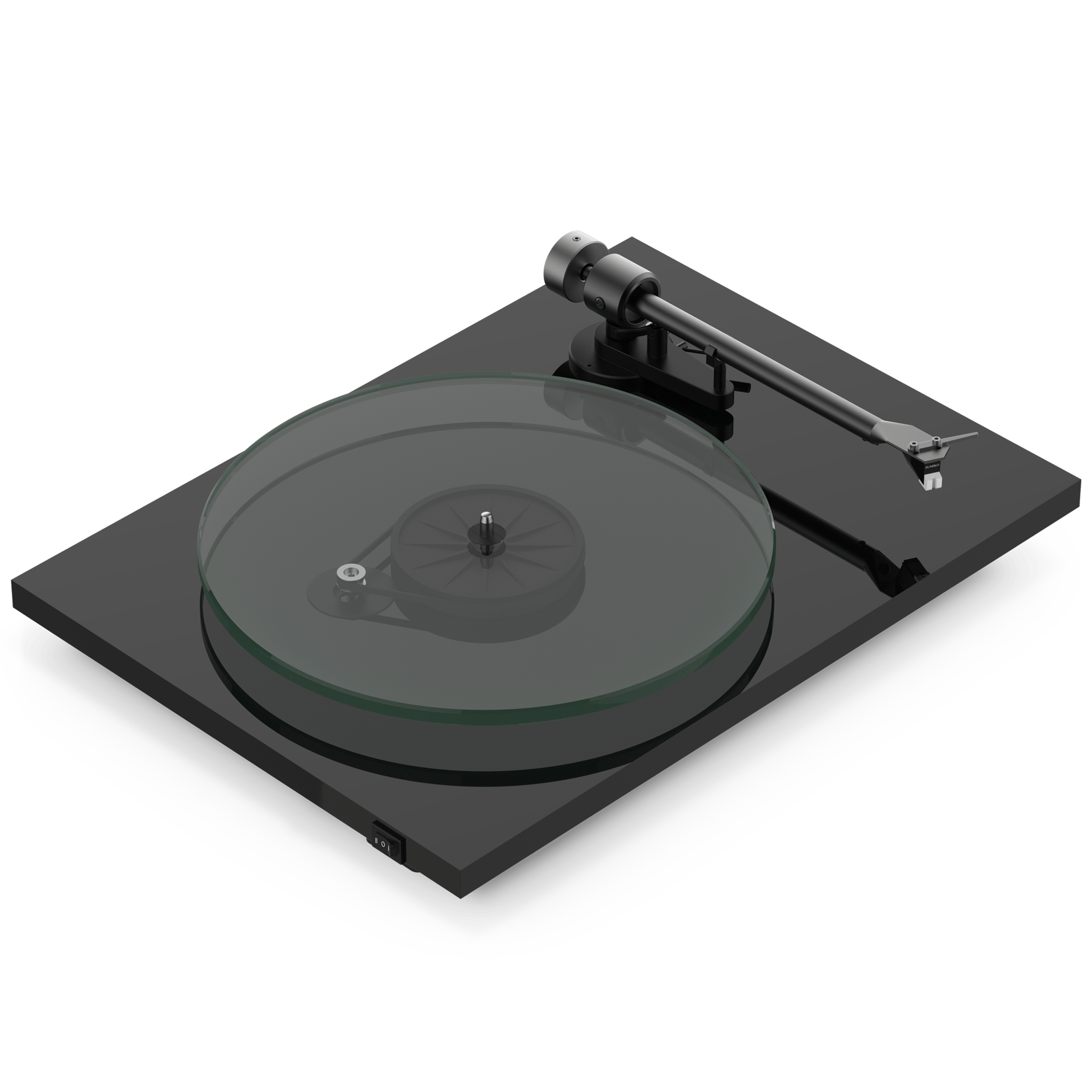 Billede forfra i en vinkel af en sort Pro-Ject T2 Super Phono-pladespiller uden støvlåg 