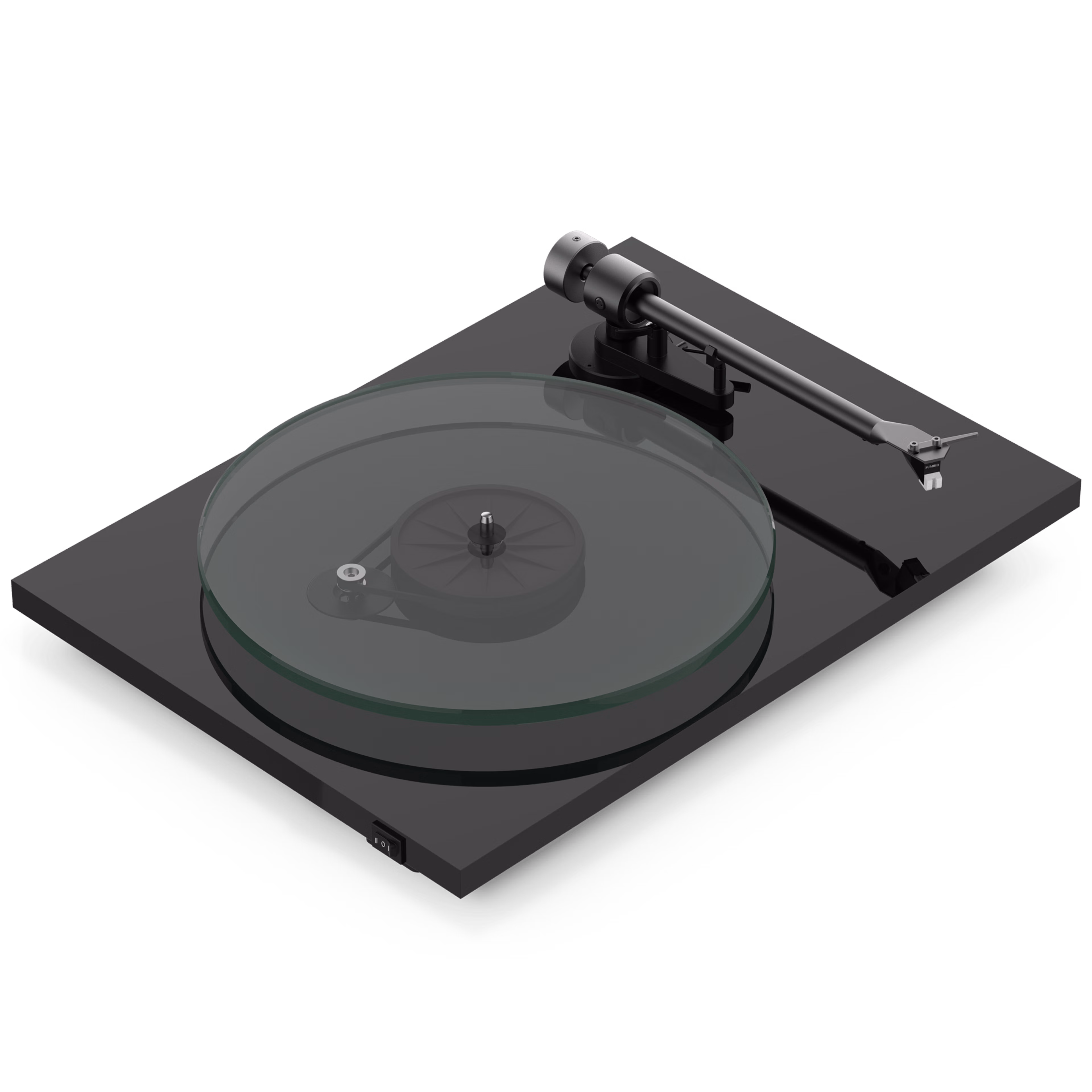 Billede forfra i en vinkel af en sort Pro-Ject T2 Super Phono-pladespiller uden støvlåg