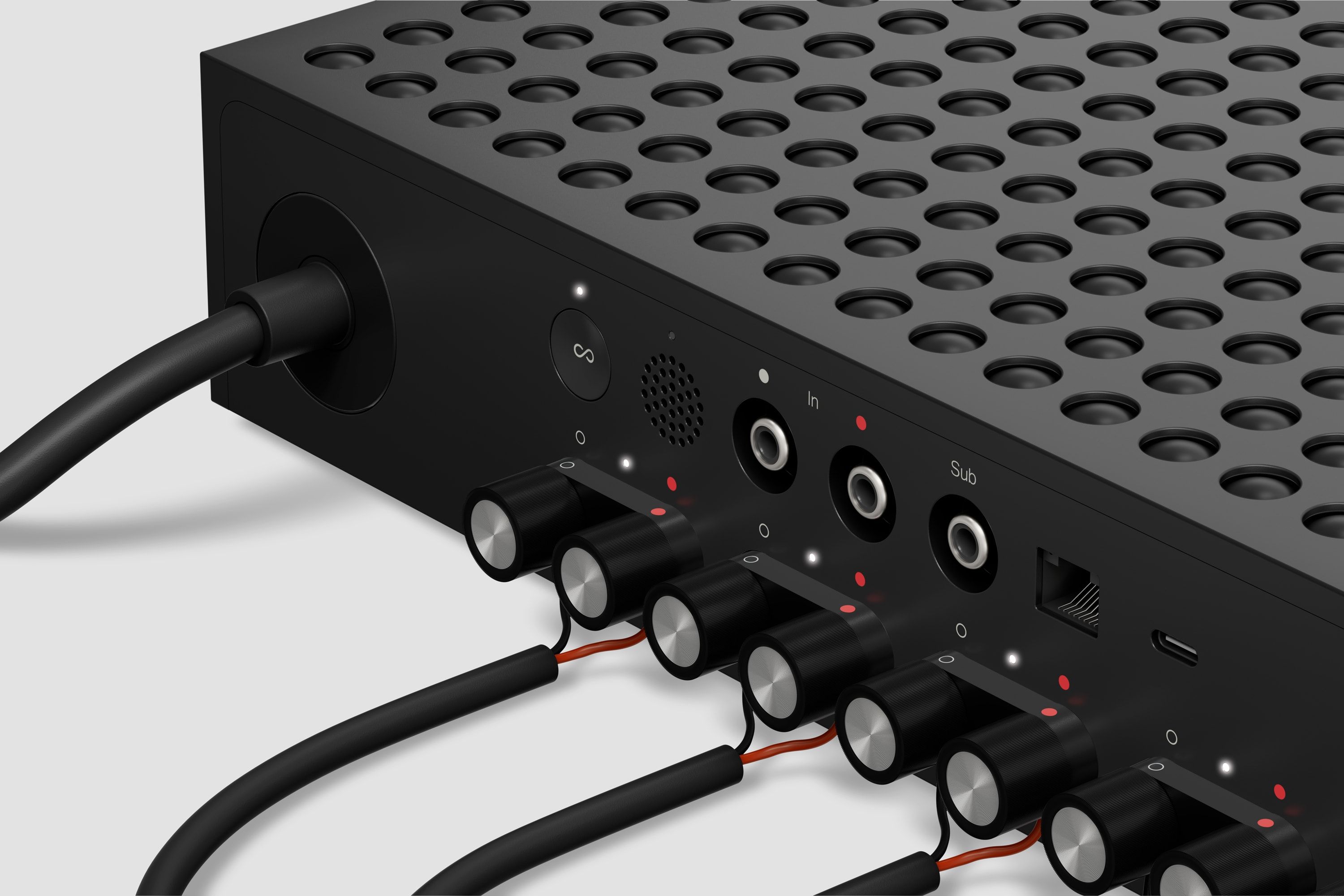 Sonos Amp Multi rear panel showing all speaker outputs, RCA inputs, and Ethernet port