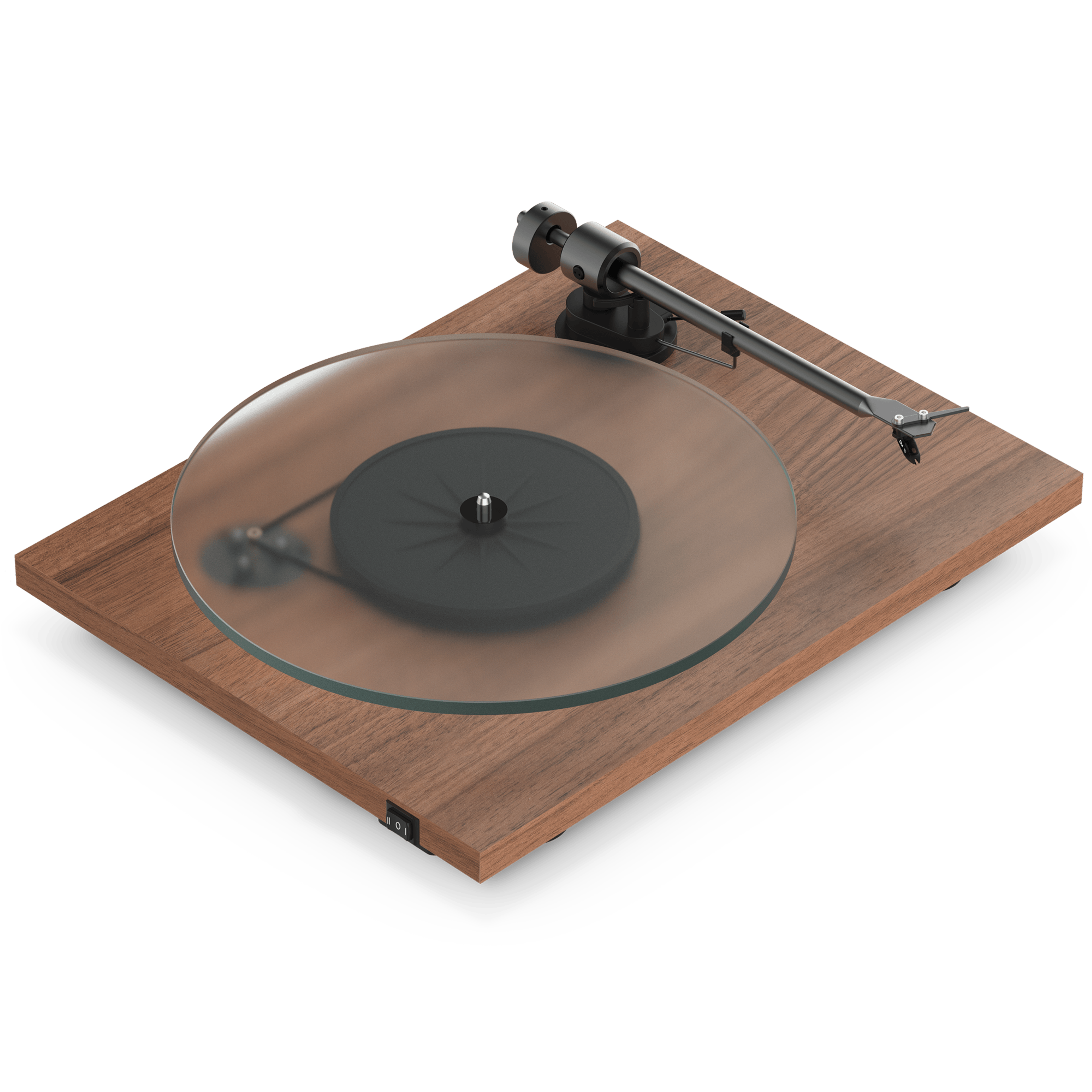 Front angle view of a walnut Pro-Ject T1 Evo Phono turntable without its dust cover