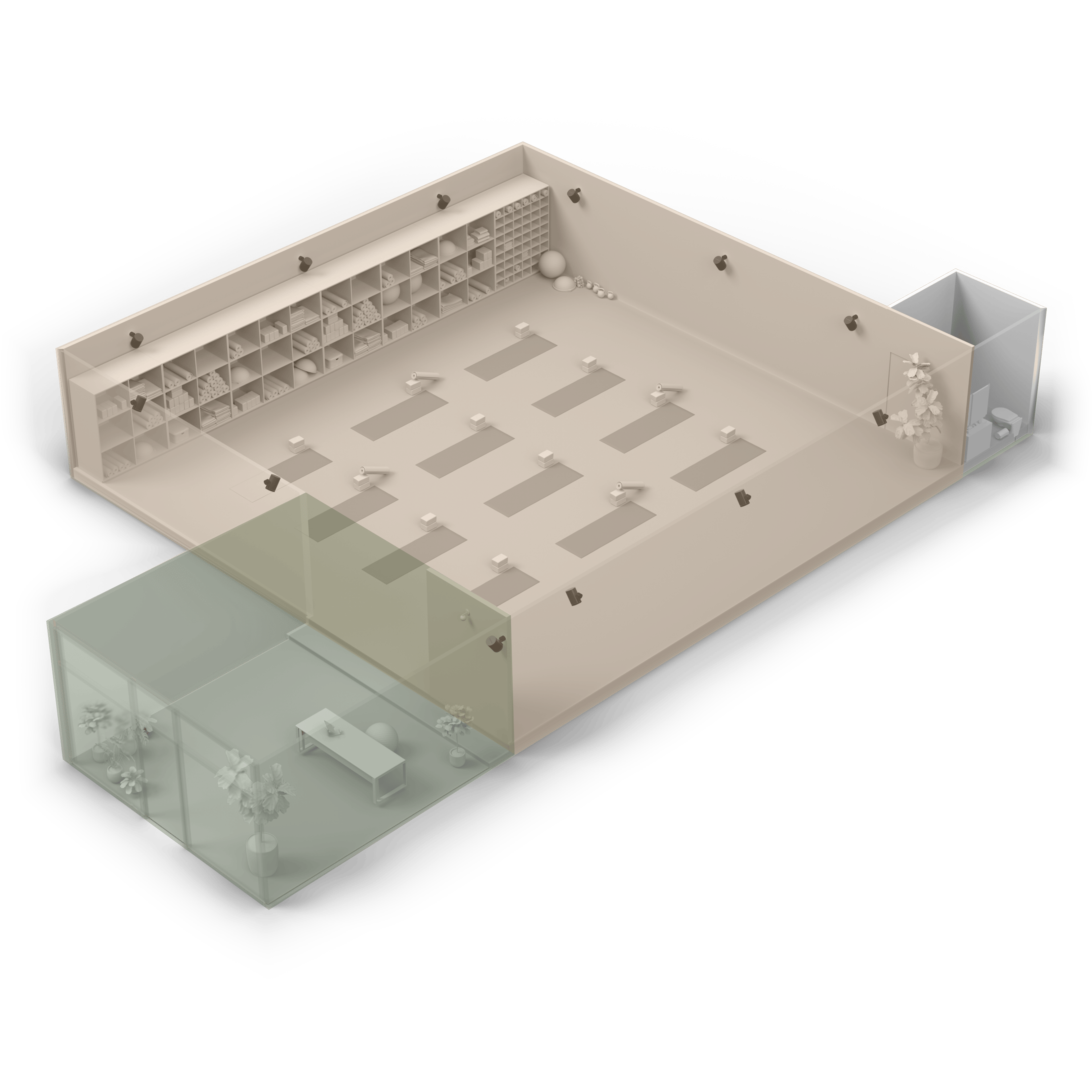 Representación ilustrada de un estudio de yoga con parlantes Sonos instalados