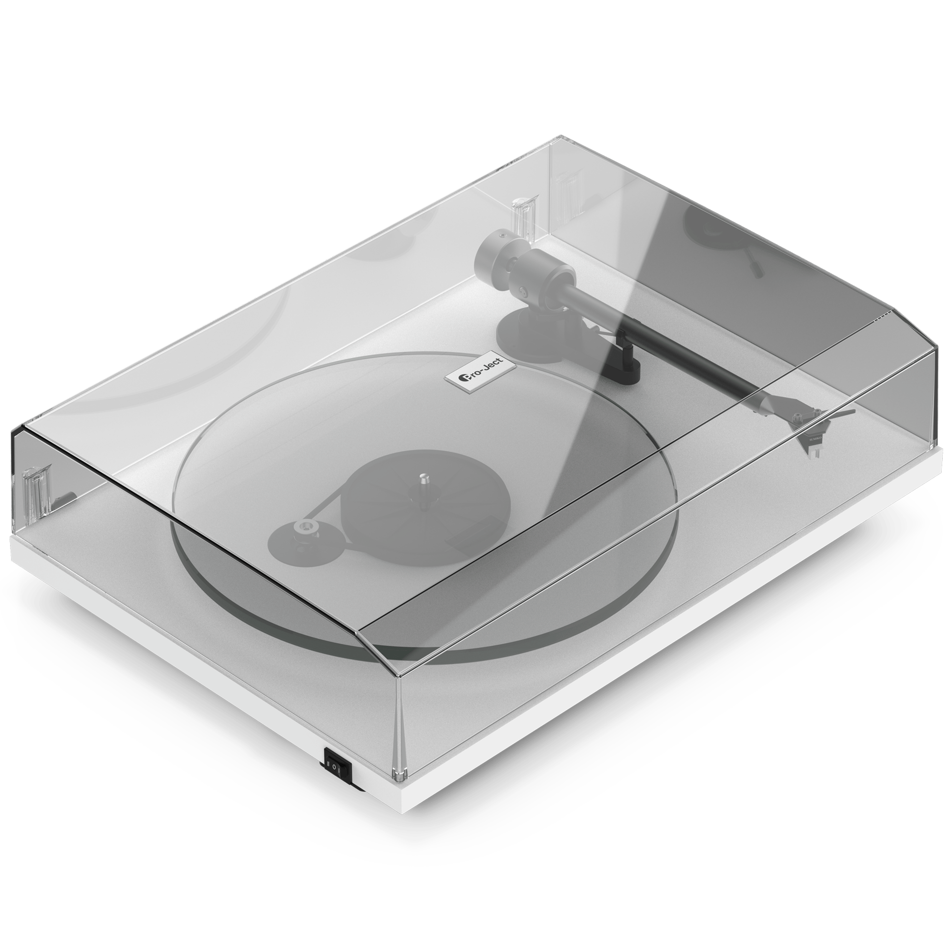 Front angle view of a white Pro-Ject T2 Super Phono turntable with dust cover 
