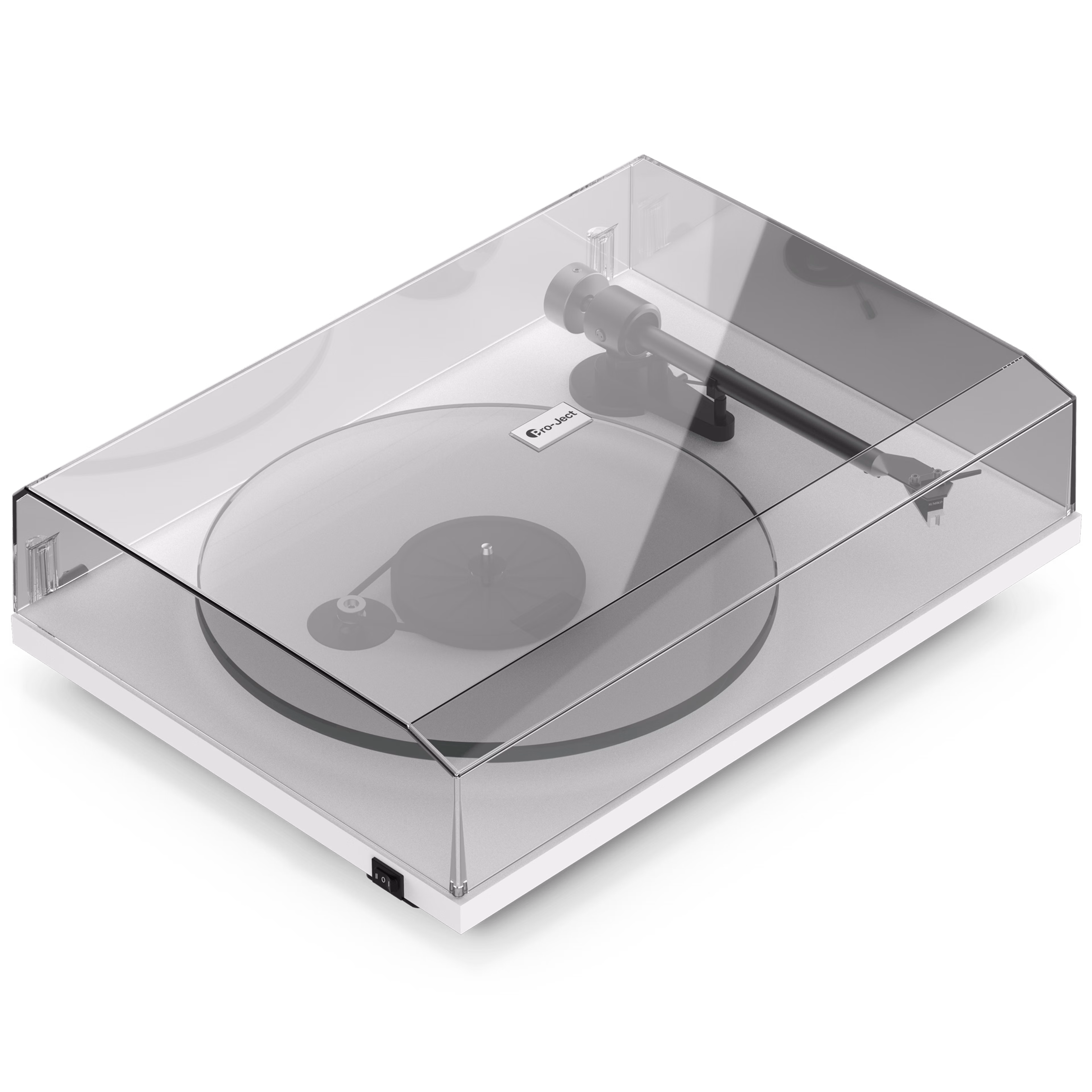 Front angle view of a white Pro-Ject T2 Super Phono turntable with dust cover
