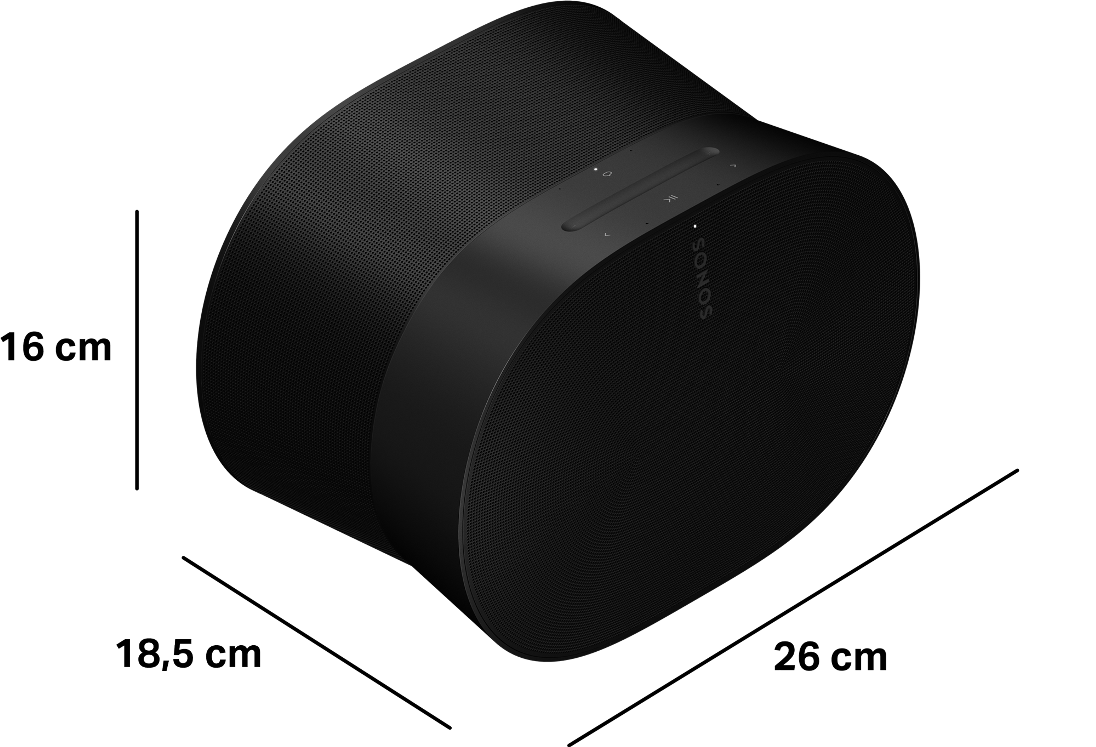 Era 300 -kaiuttimen mitat, leveys 26 cm, korkeus 16 cm, syvyys 18,5 cm