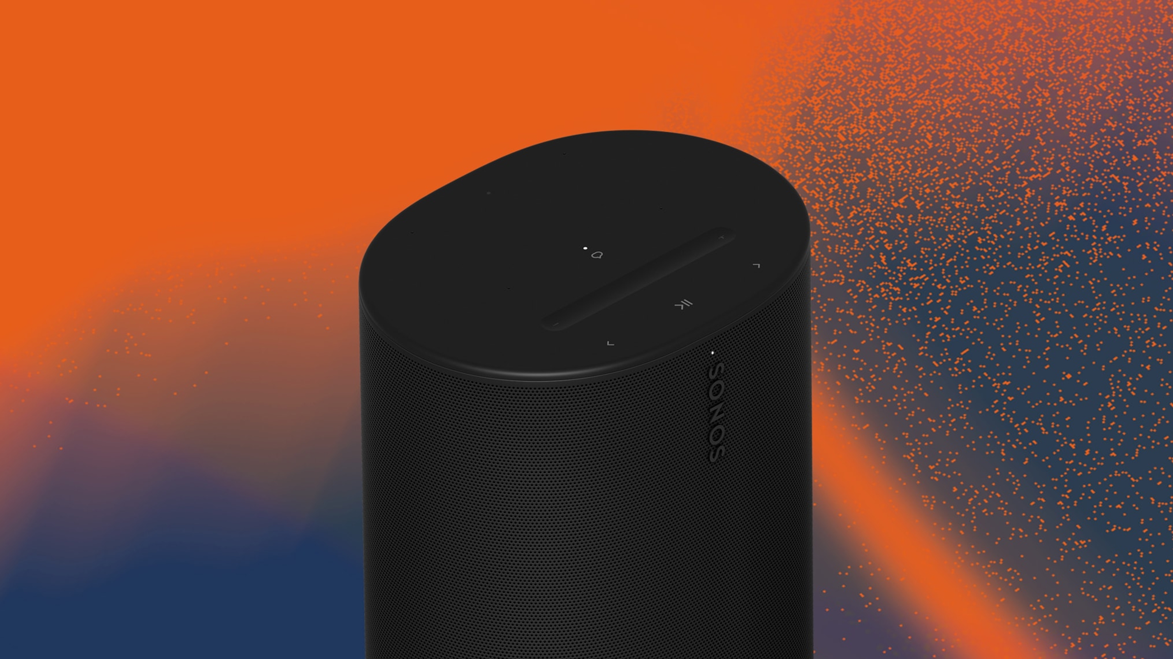 Black Sonos Move 2 portable speaker on an orange and blue background