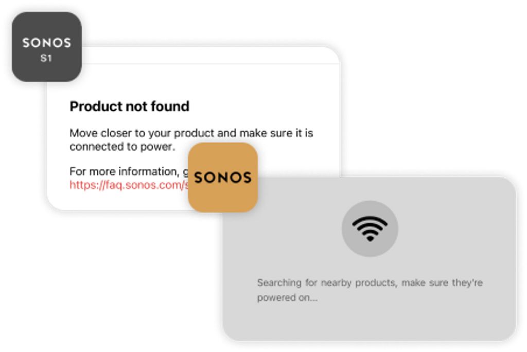 Fejlmeddelelserne "Produkt ikke fundet" fra både Sonos S1- og S2-appen