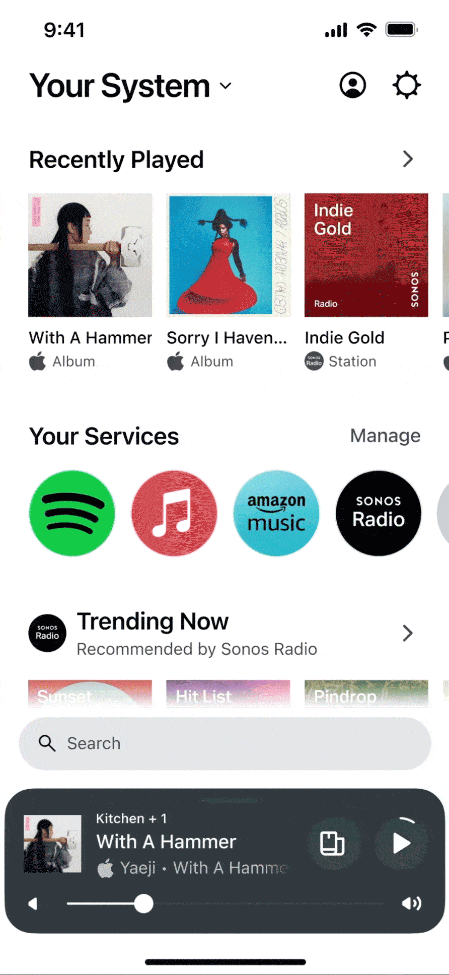 Animert eksempel på å finne fram i søkefunksjonen i Sonos-appen