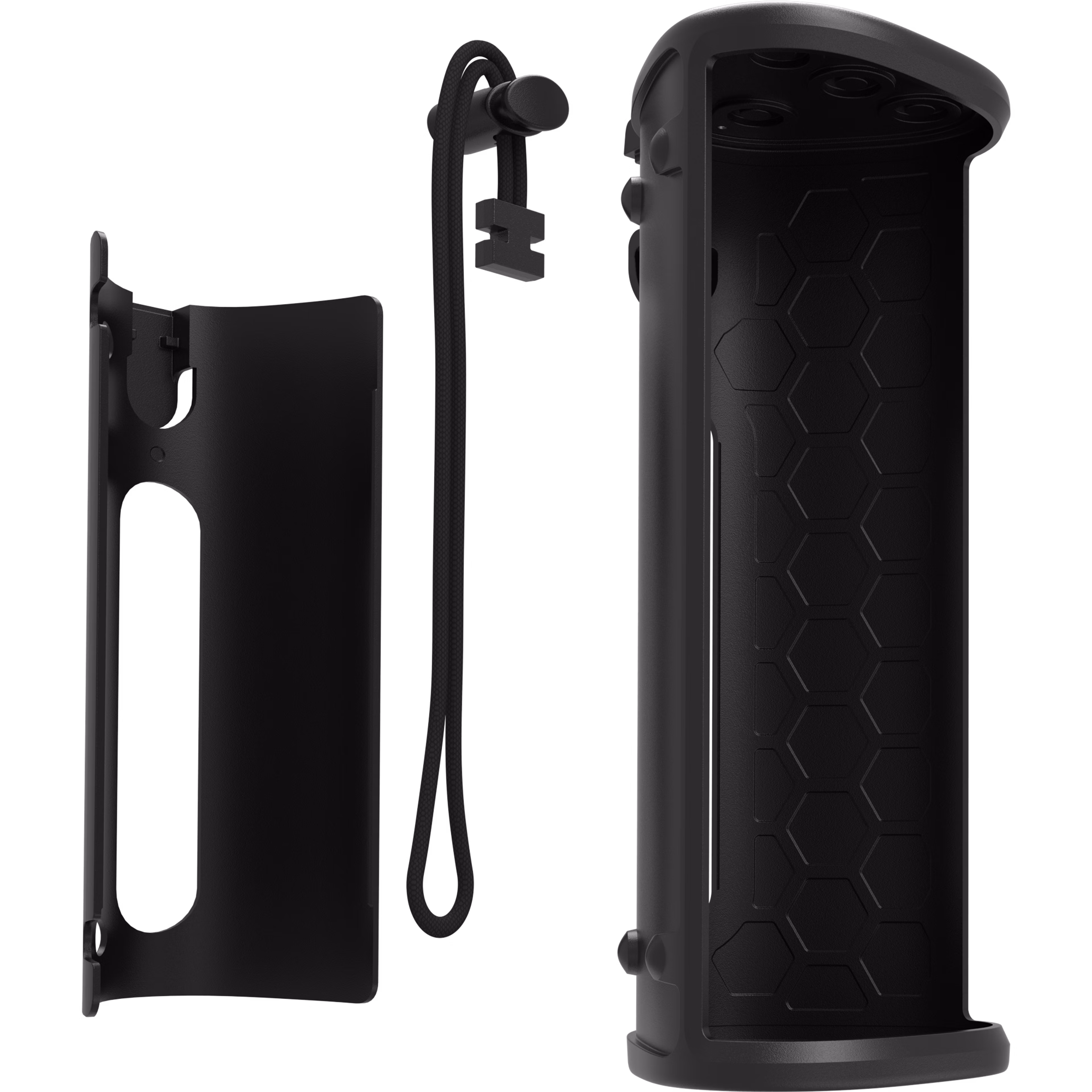 A black Otterbox Sonos Roam 2 case, deconstructed into its various parts