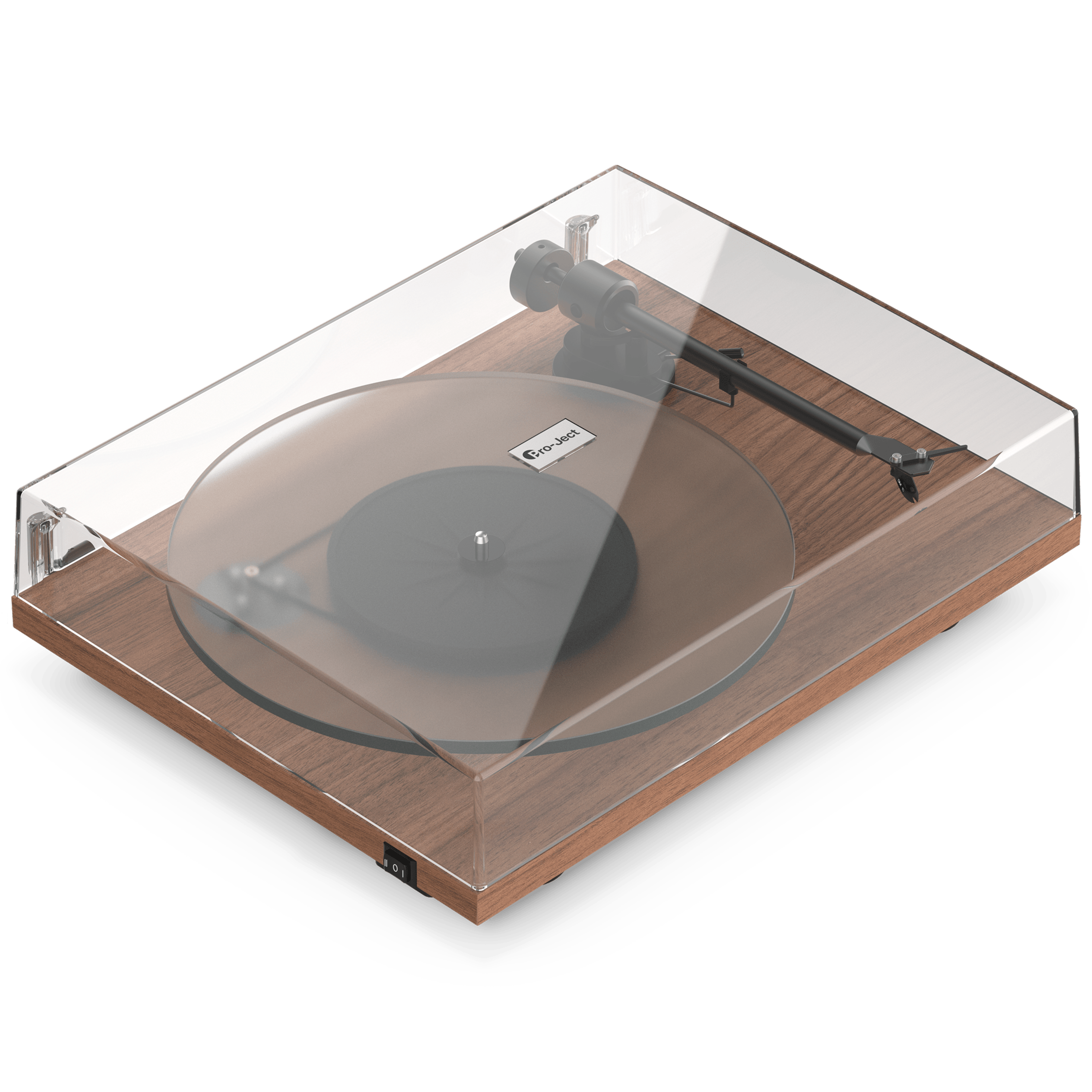 Front angle view of a walnut Pro-Ject T1 Evo Phono turntable with dust cover 