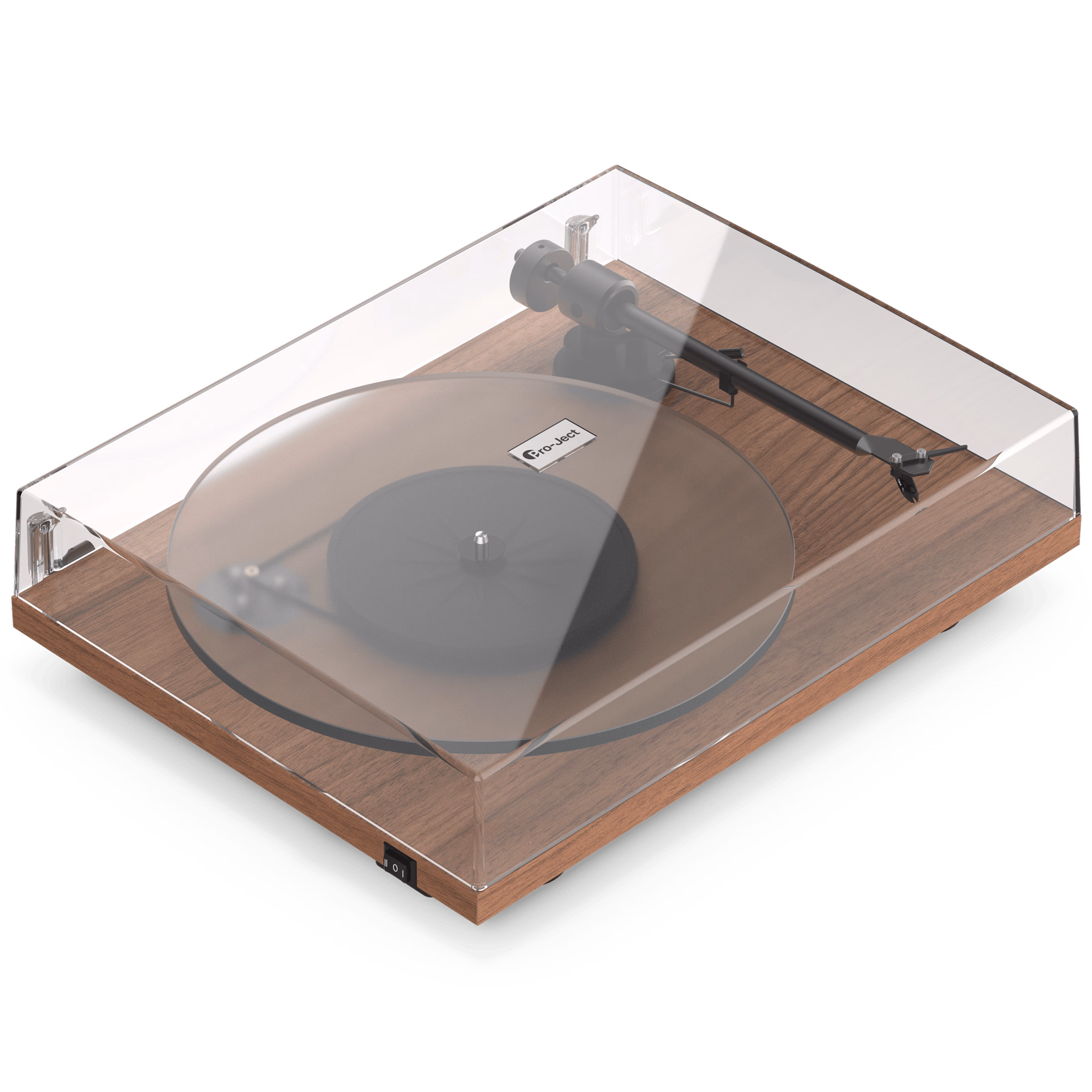 Front angle view of a walnut Pro-Ject T1 Evo Phono turntable with dust cover