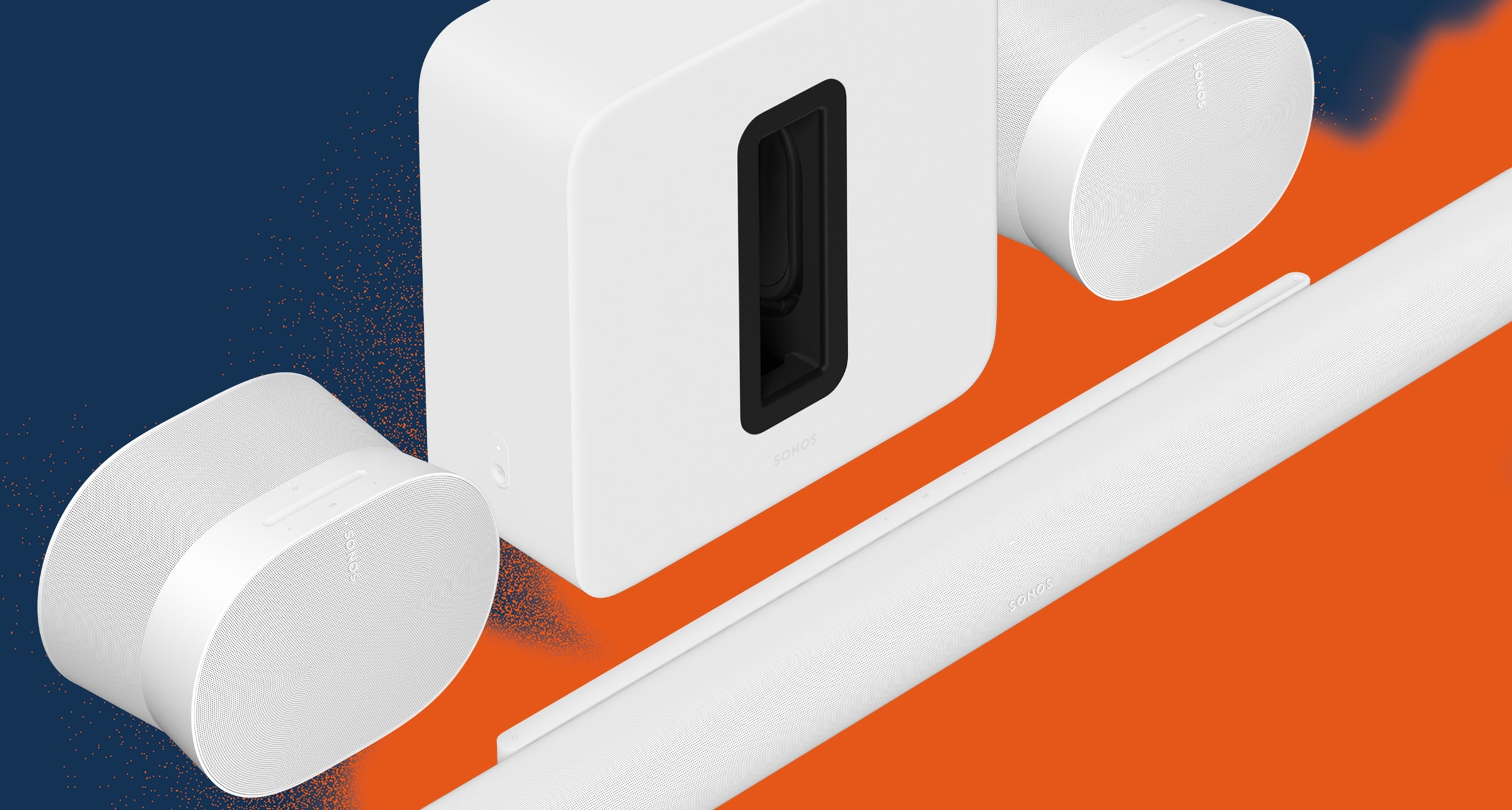 A white Sonos home theater set containing Arc Ultra, Sub 4, and a pair of Era 300 speakers, on a blue and orange graphic background
