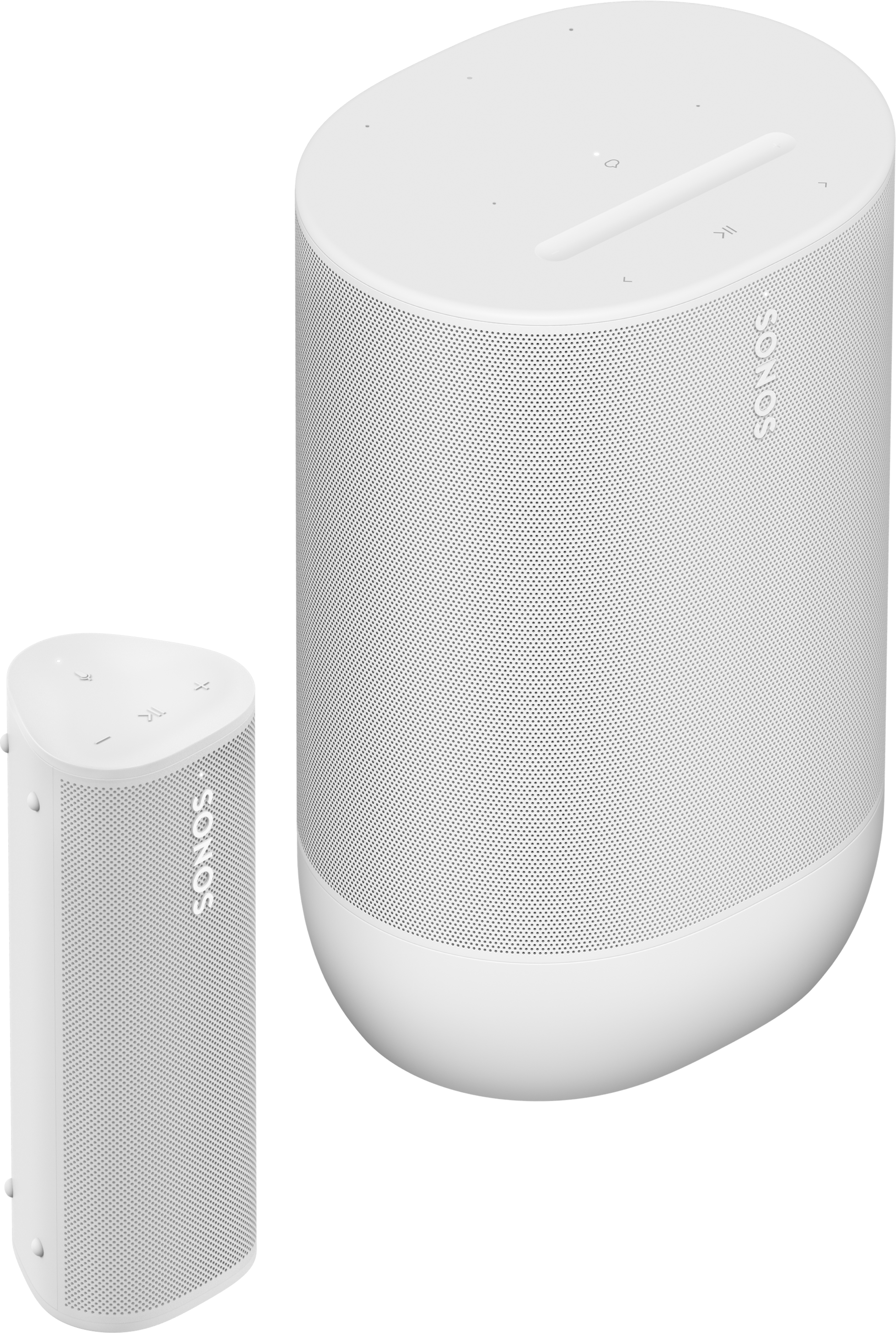 White Sonos Move 2 and Roam 2 portable speakers