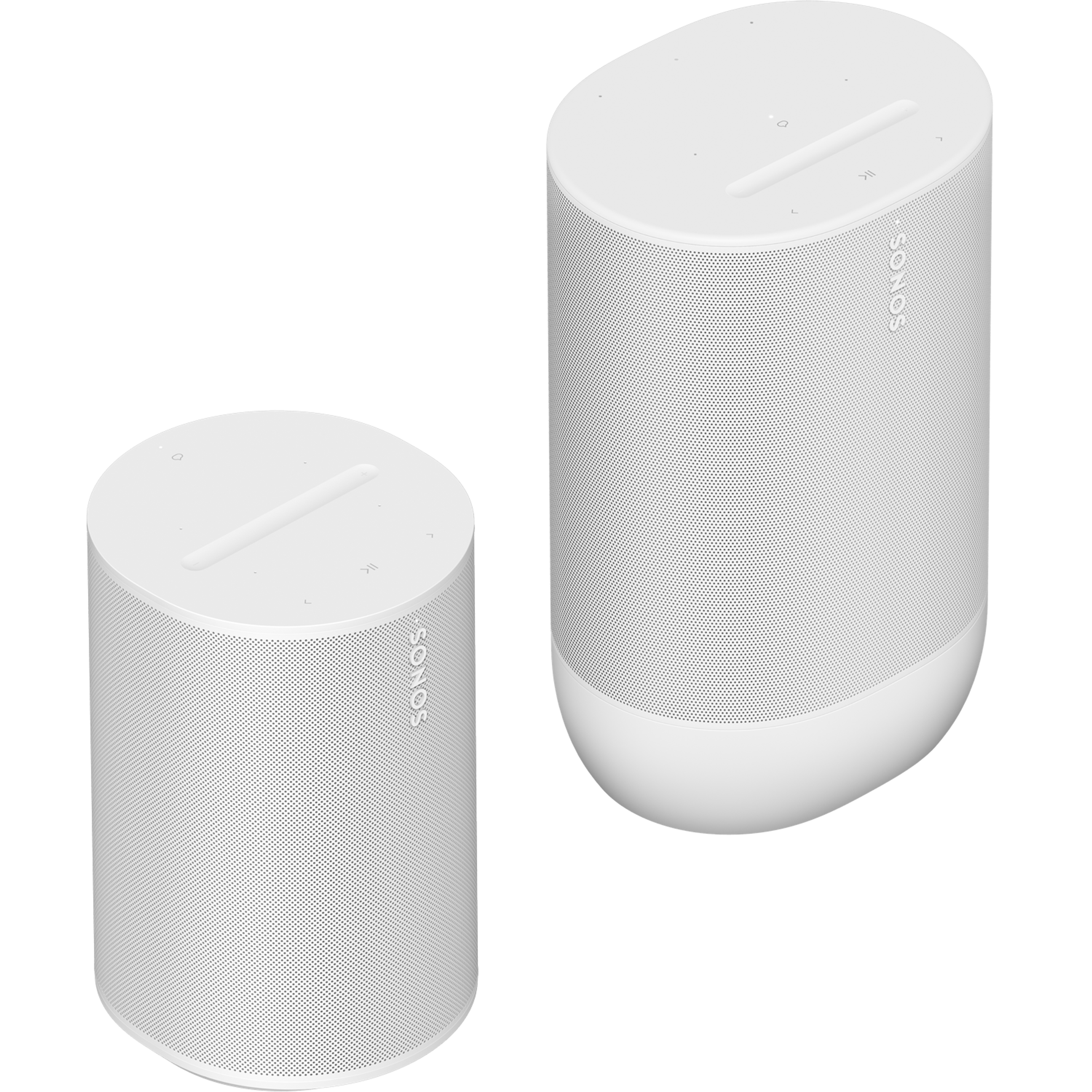Image of a white Sonos Move 2 and a white Sonos Era 100 sitting side by side, turned at an angle