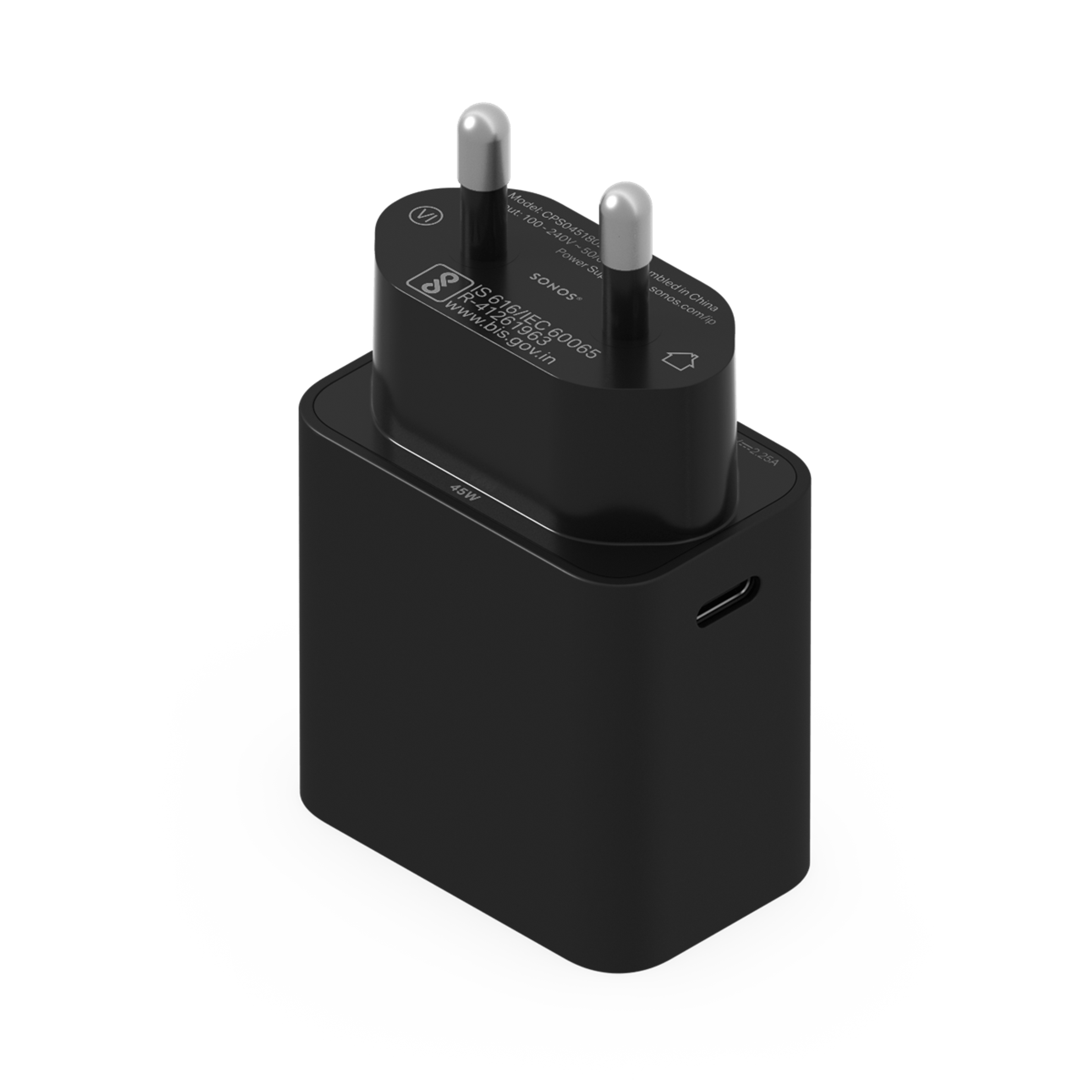 Black Sonos 45W USB-C power adapter with IN plug