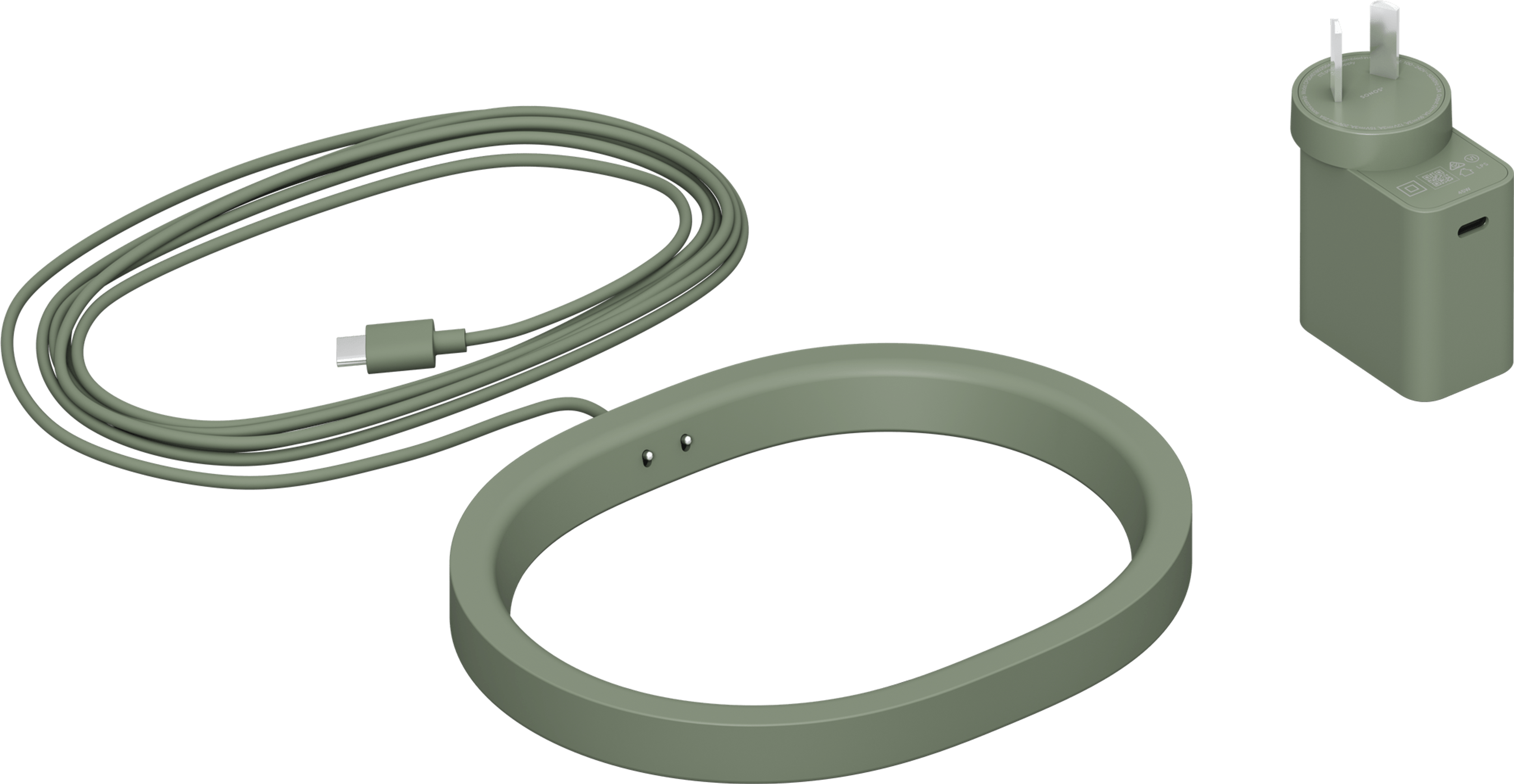 Image of an Olive Sonos Move 2 Wireless Charging Base with its corresponding regional power socket