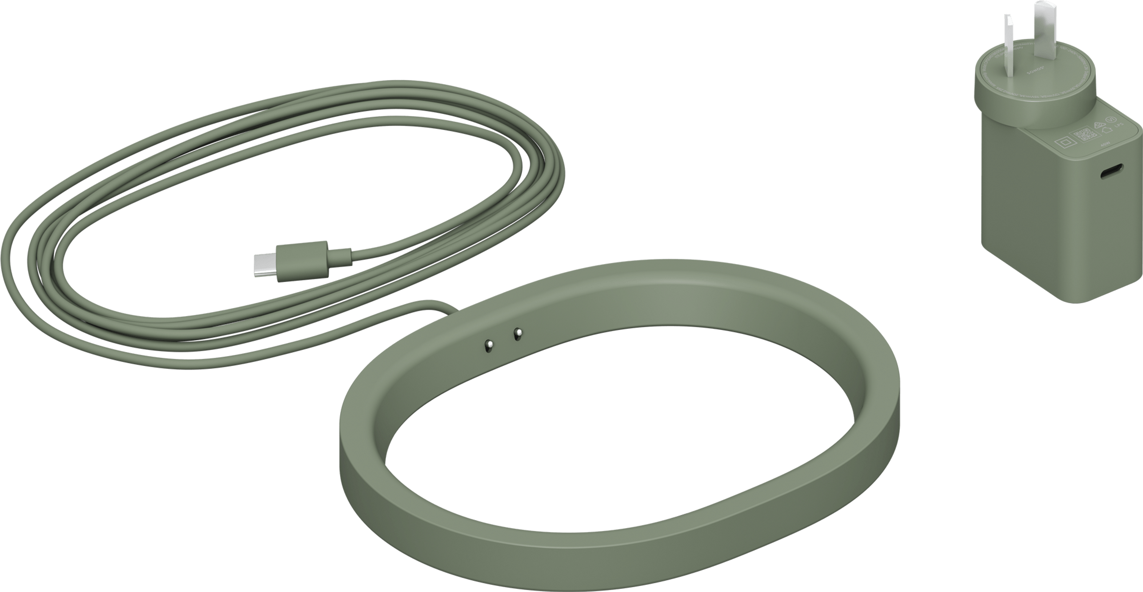 Image of an Olive Sonos Move 2 Wireless Charging Base with its corresponding regional power socket