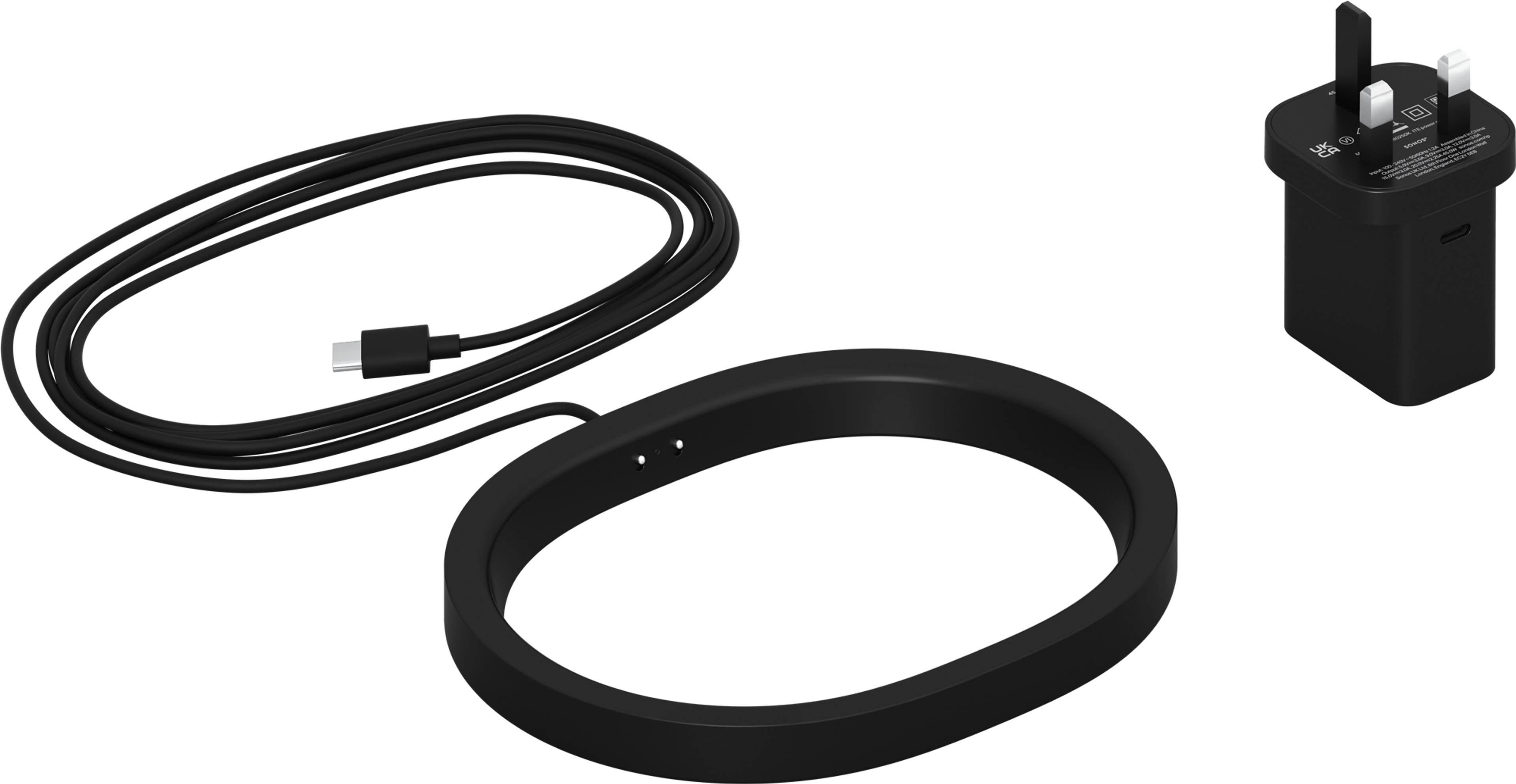 Image of a black Sonos Move 2 Wireless Charging Base with its corresponding regional power socket