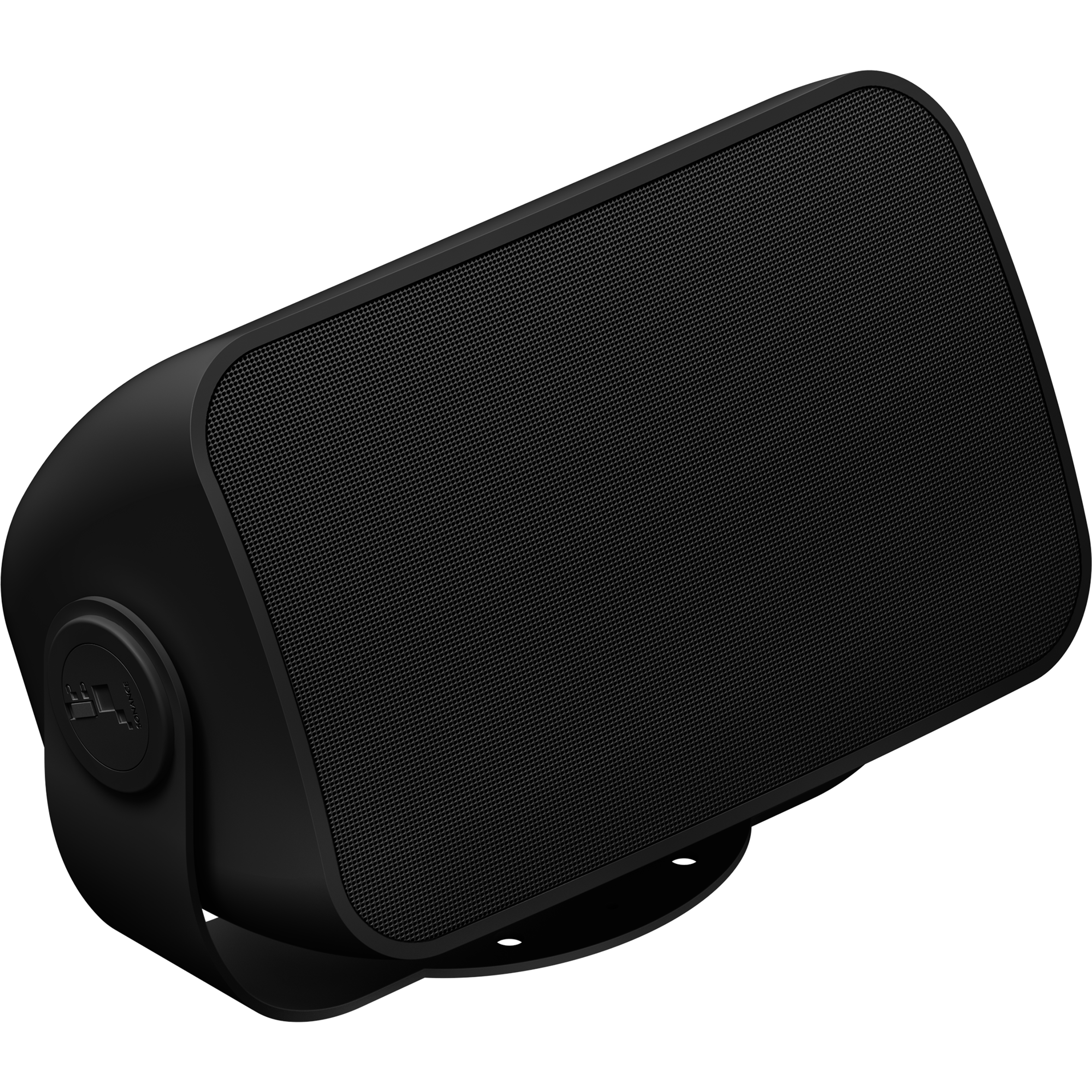 A single black outdoor speaker turned at a slight angle