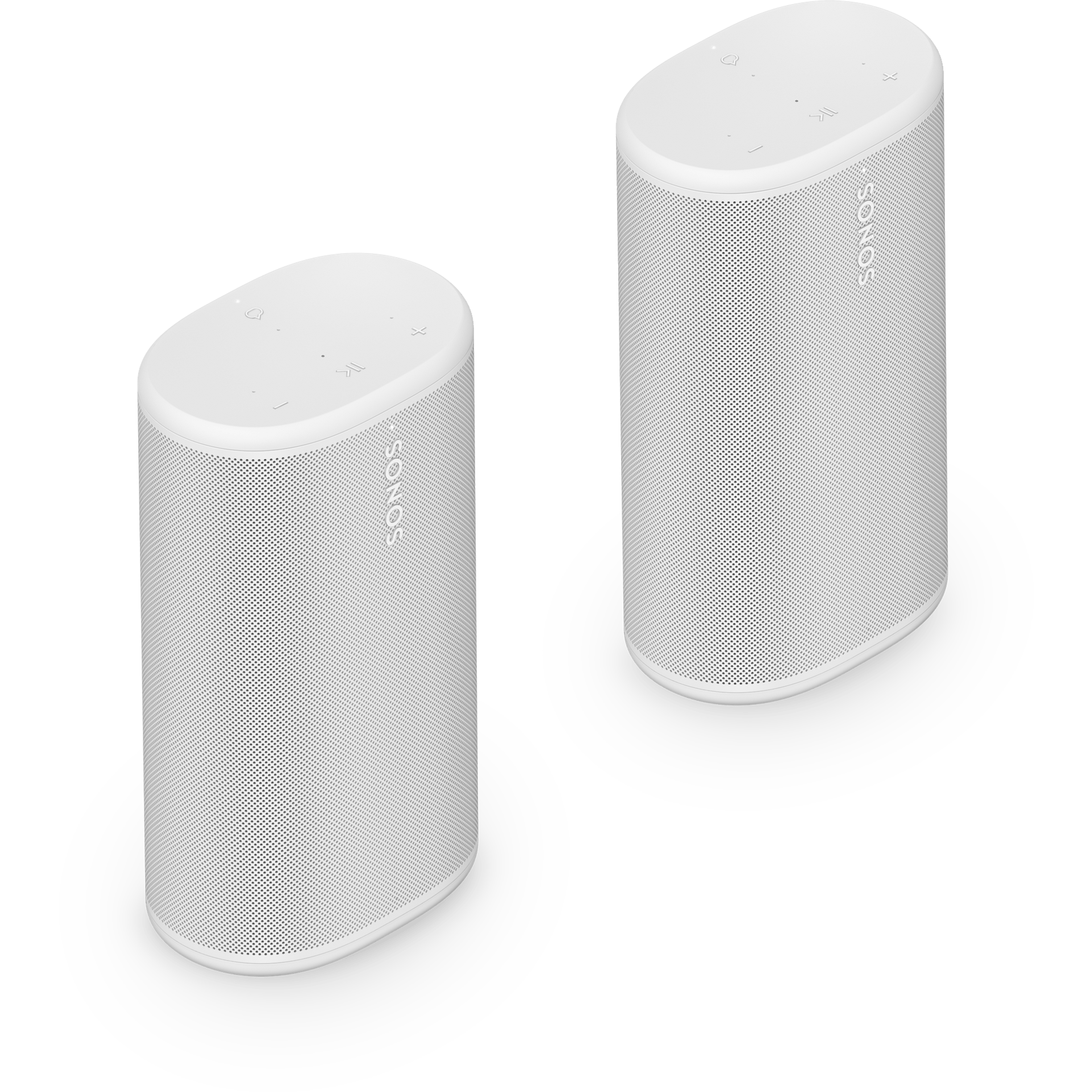 Vista en ángulo de un sistema con dos altavoces Sonos Play en blanco