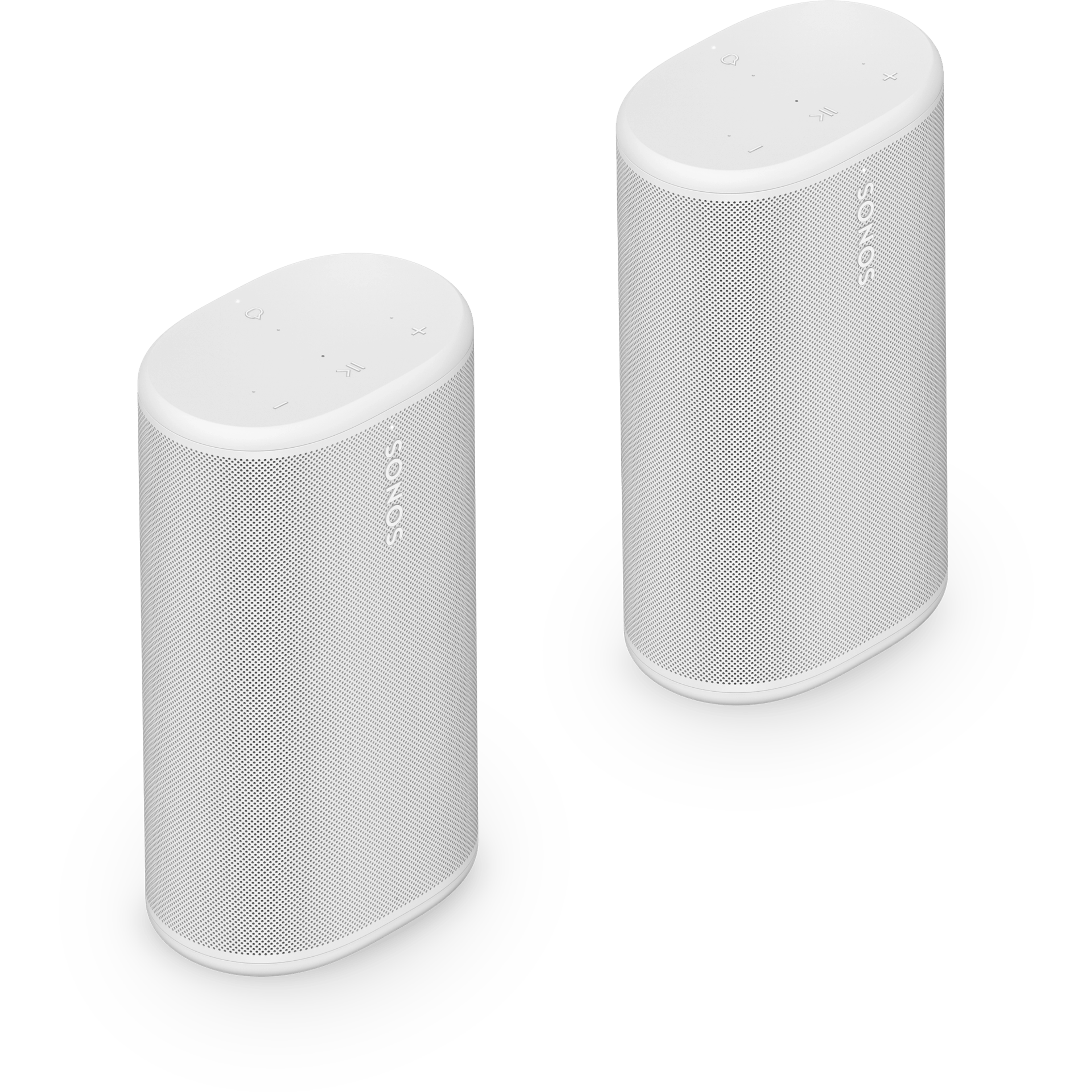 Vista en ángulo de un sistema con dos altavoces Sonos Play en blanco