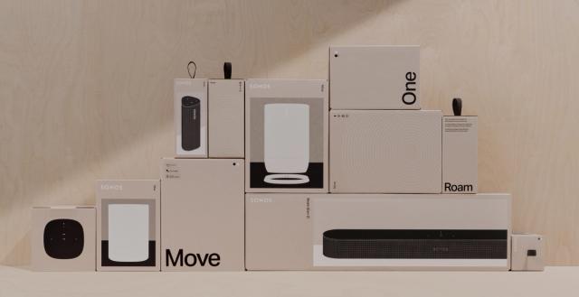 Display of Sonos products in their packaging