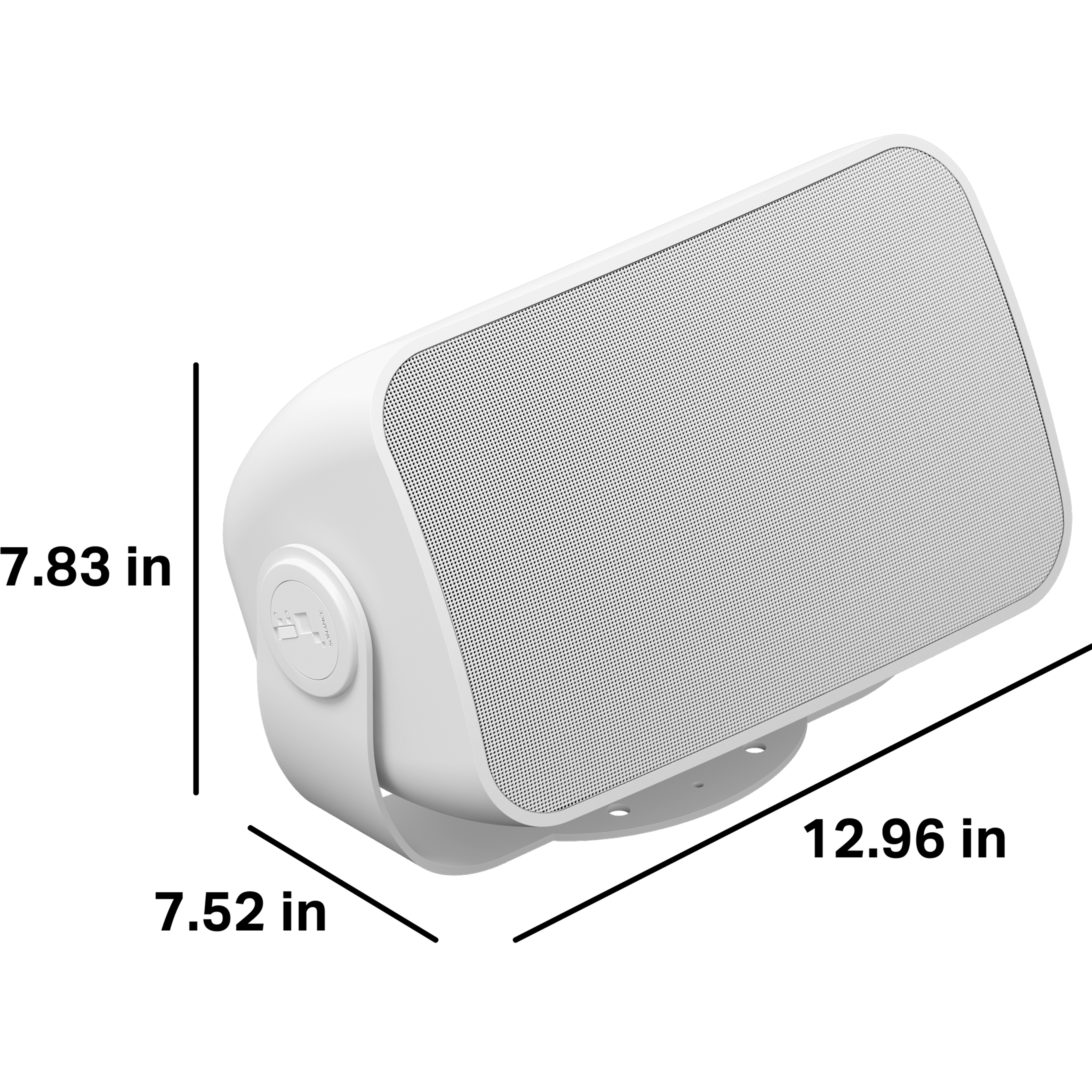 These outdoor speakers are 7.83 inches tall, 7.52 inches deep, and 12.96 inches wide