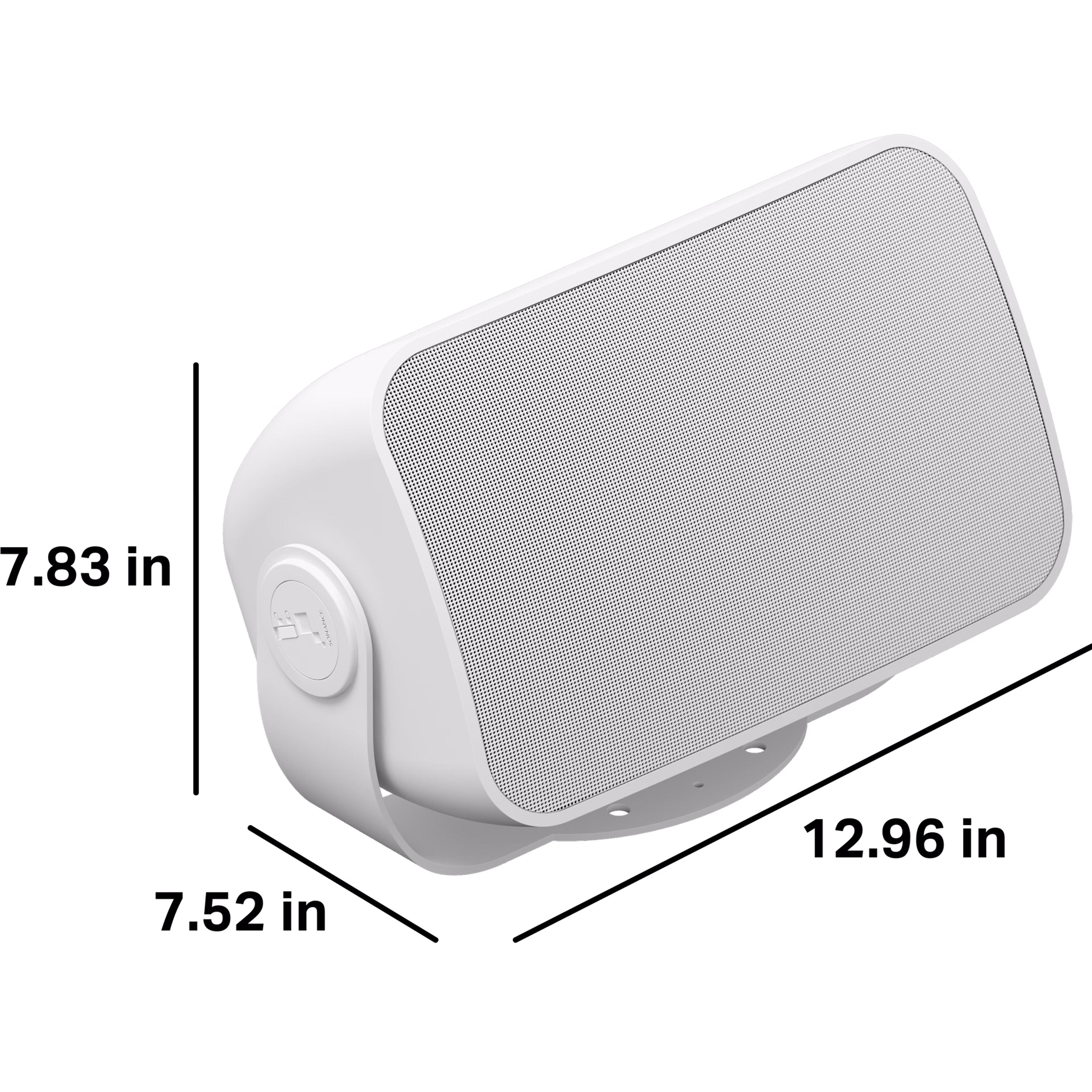 These outdoor speakers are 7.83 inches tall, 7.52 inches deep, and 12.96 inches wide