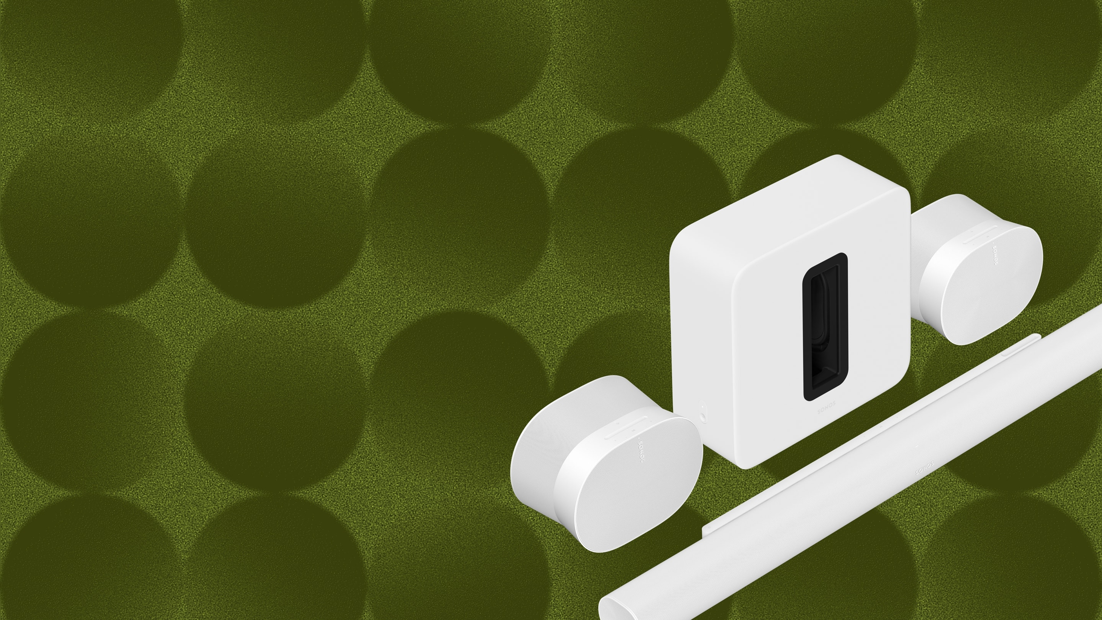 A white Arc Ultra home theater set with Sub 4 and two Era 300 speakers over a green holiday pattern background