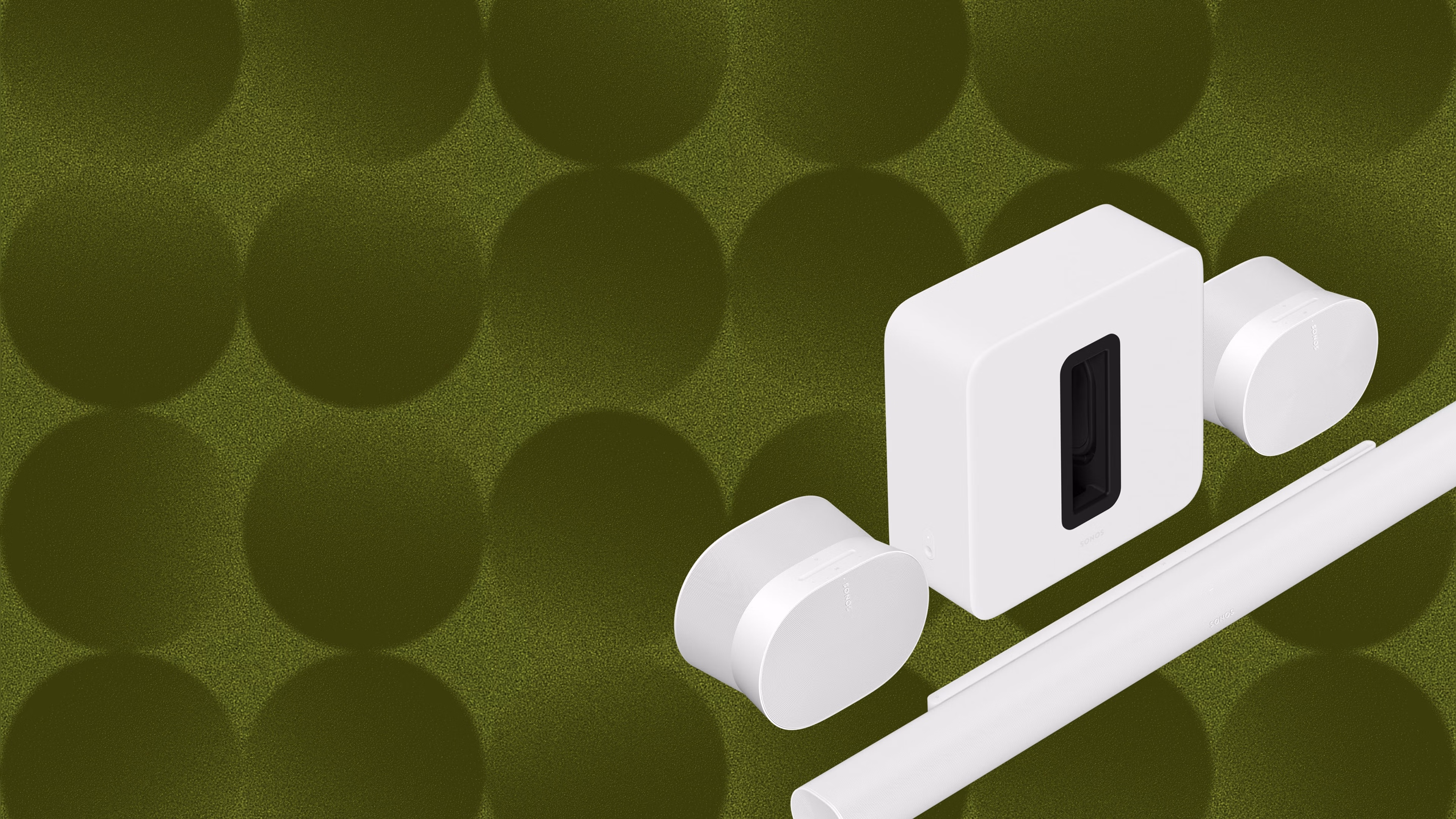 A white Arc Ultra home theater set with Sub 4 and two Era 300 speakers over a green holiday pattern background