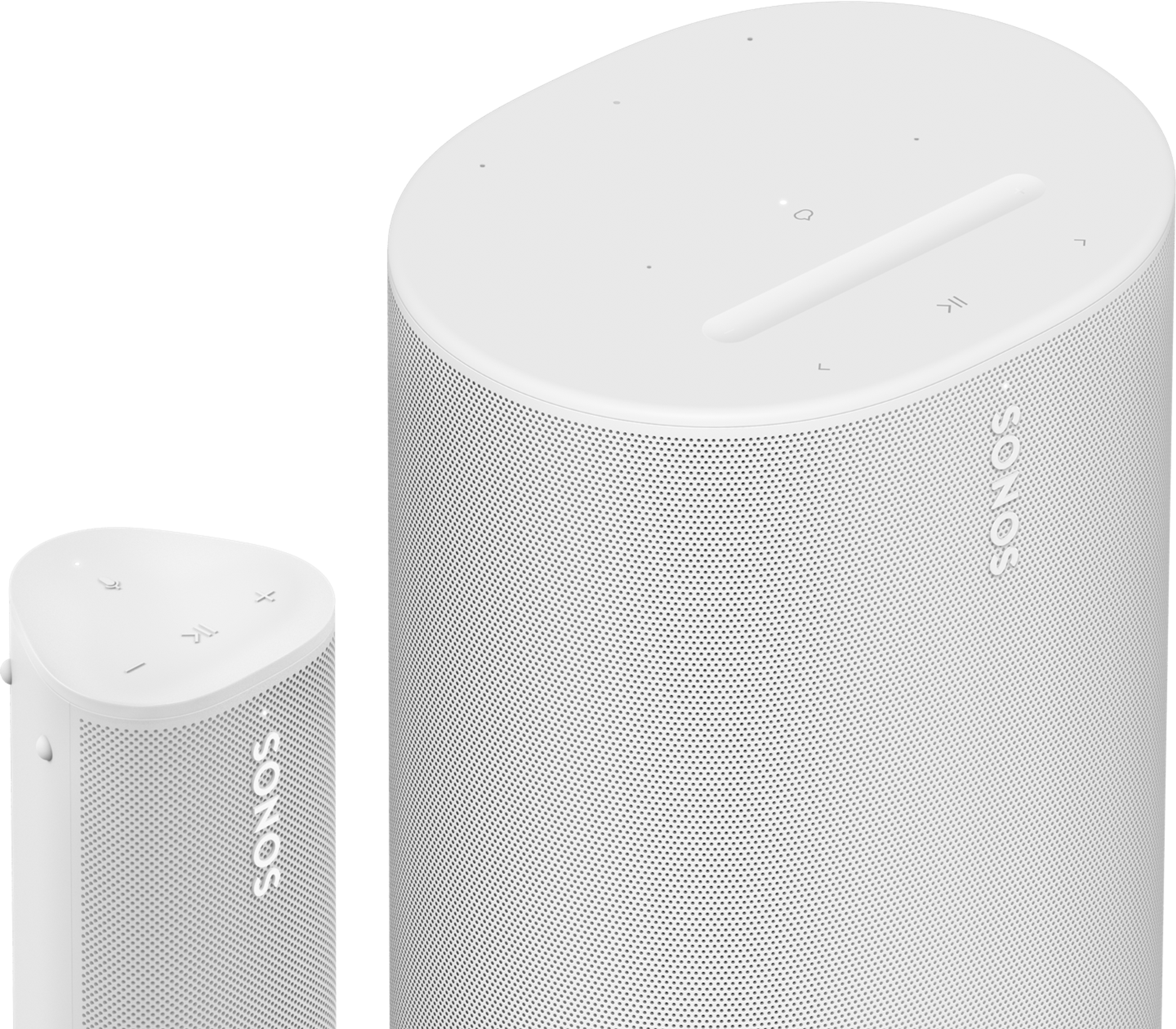 White Sonos Roam 2 next to a white Sonos Move 2