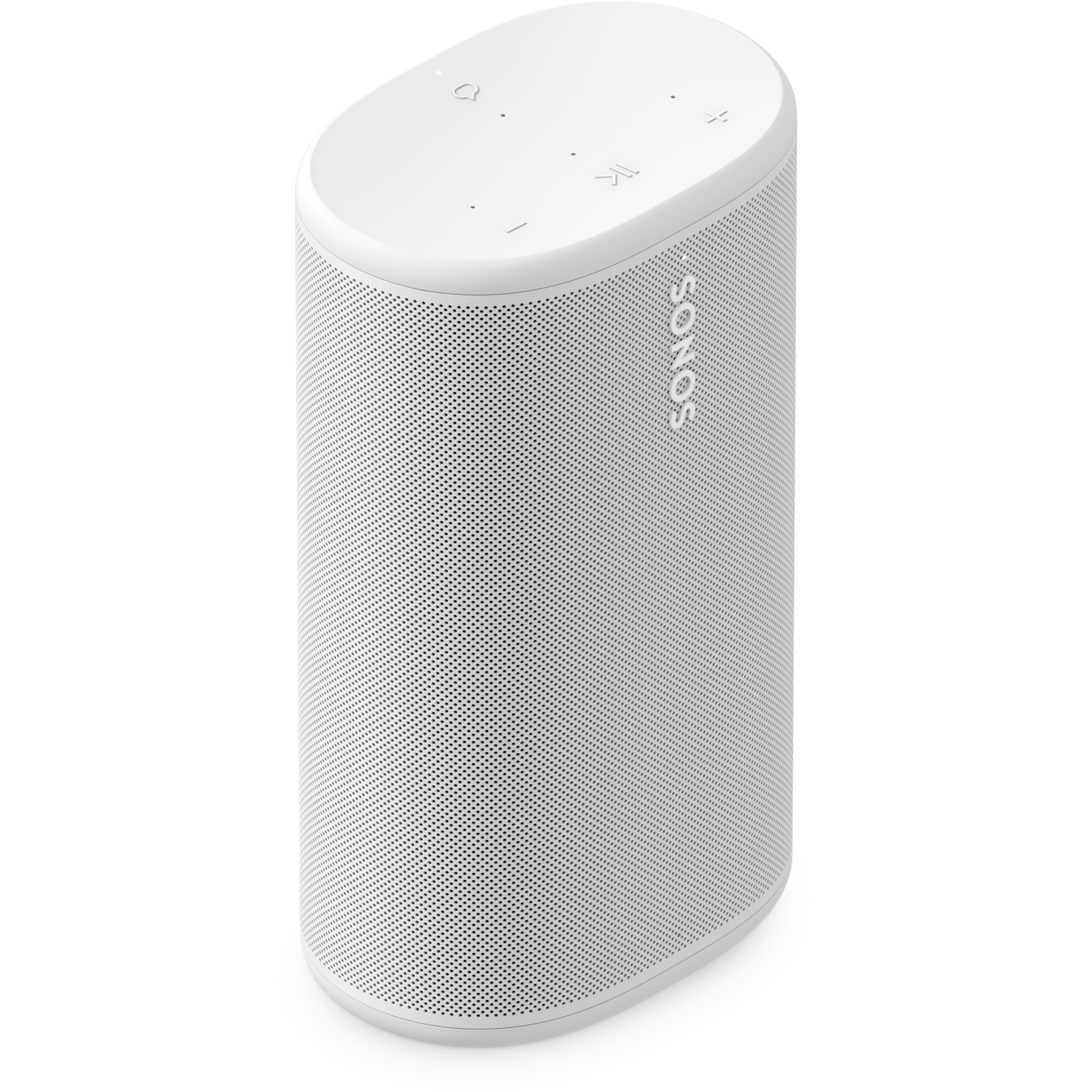 Bovenaanzicht van de voorkant van een iets gedraaide, witte Sonos Play