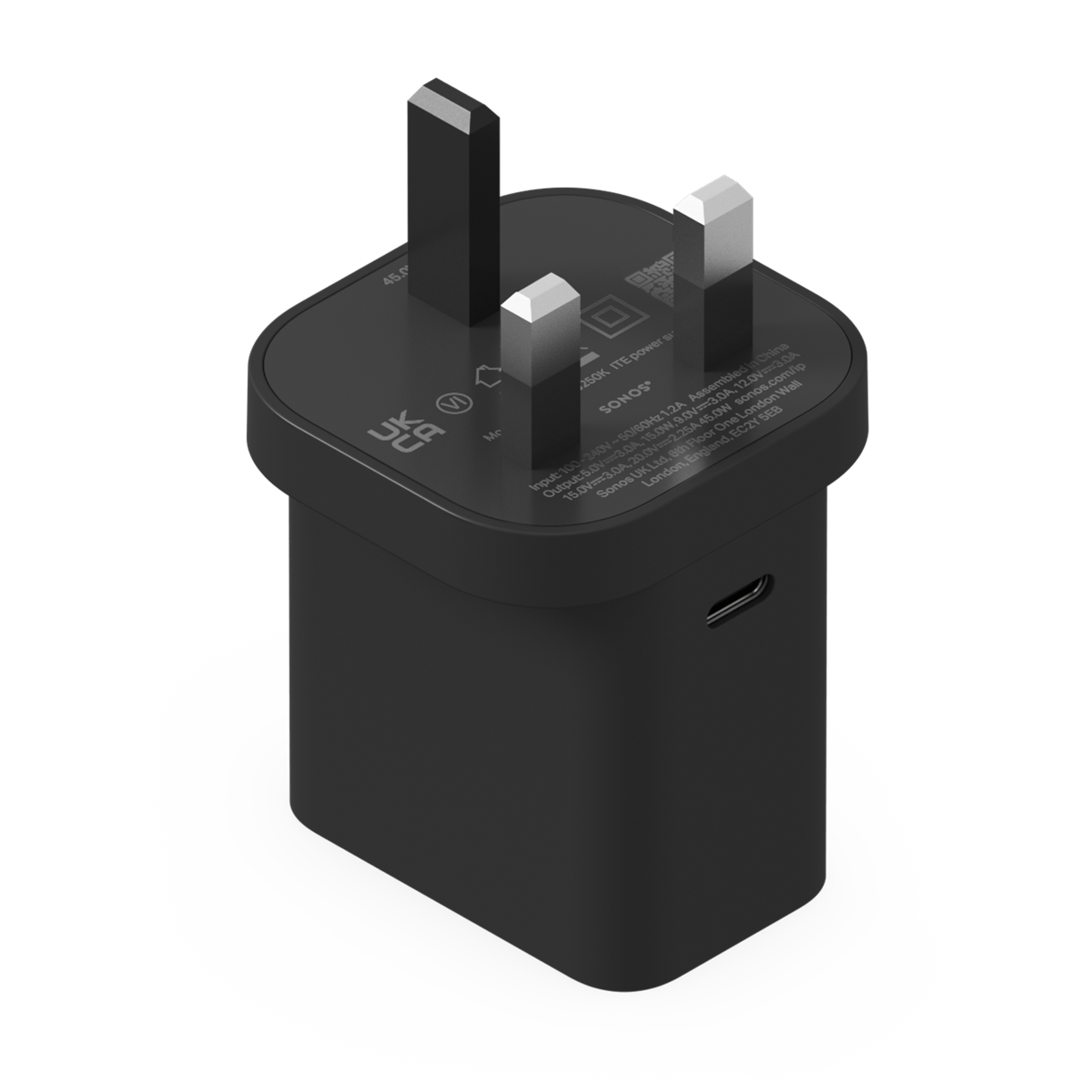 Black Sonos 45W USB-C power adapter with UK (Type G) plug