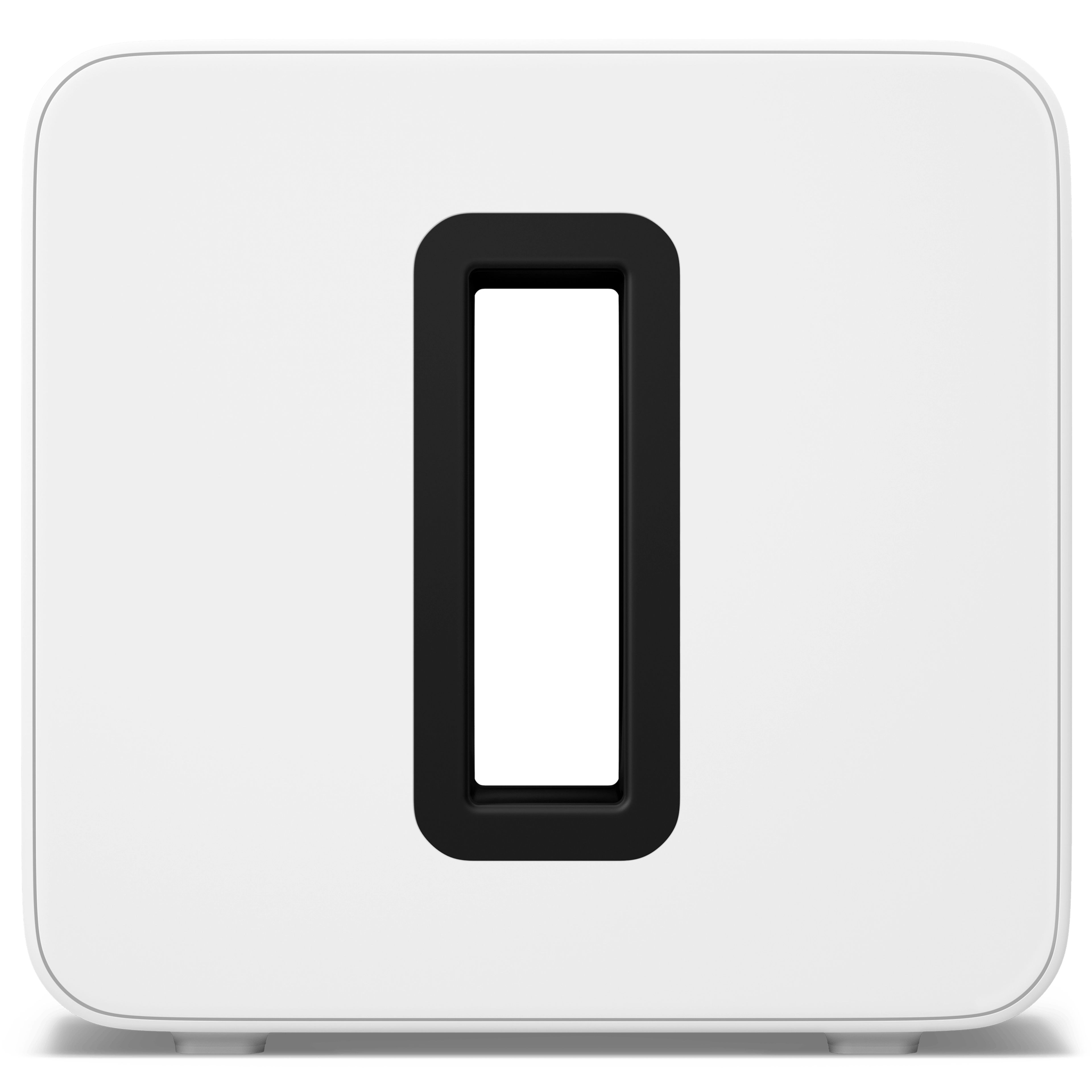 Zadní strana bílého Sonos Sub 4, čelně z úhlu