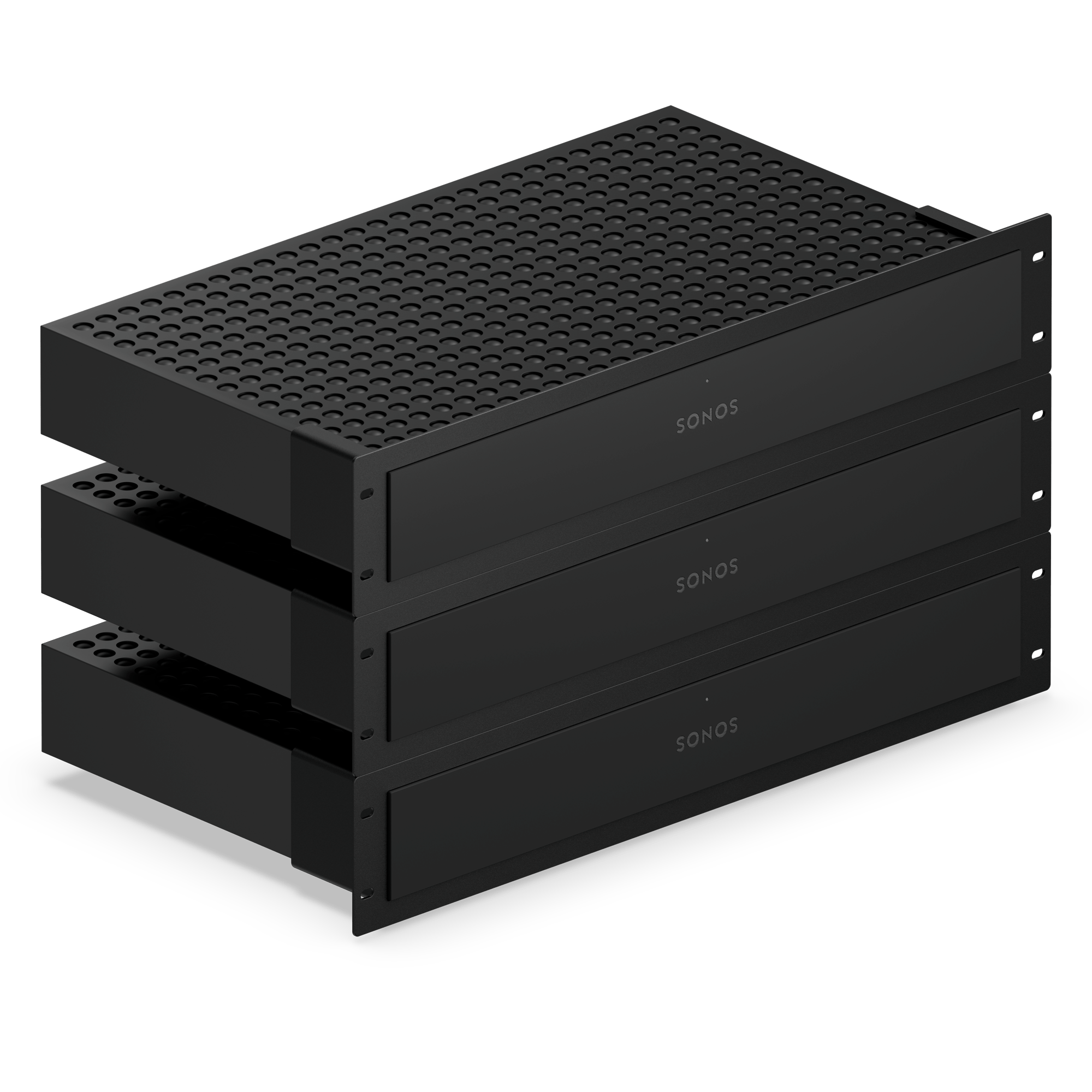 Three Sonos Amp Multi units in 2U rack mount configuration for multi-zone audio installation