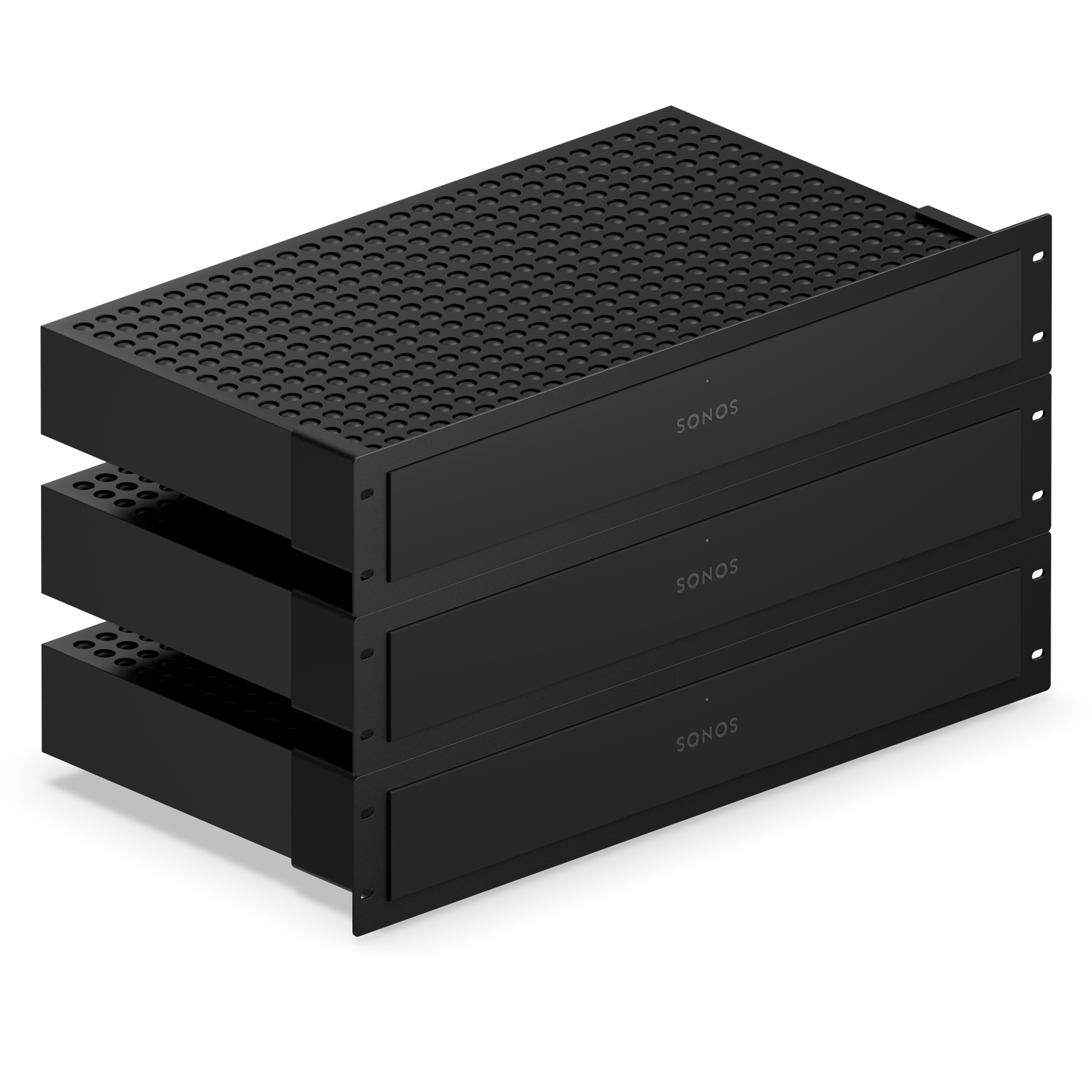 Three Sonos Amp Multi units mounted together in a professional rack setup