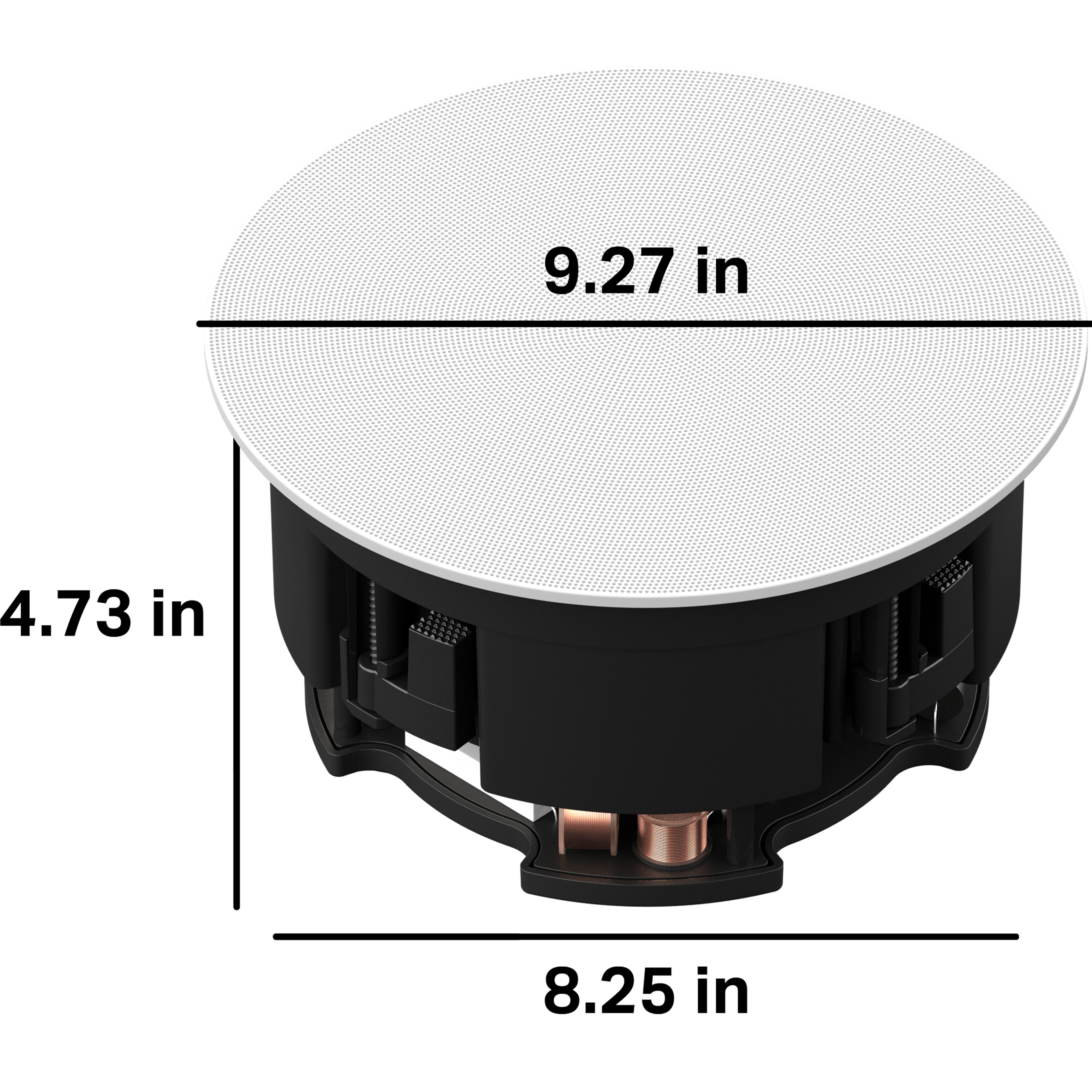 The housing for these in-ceiling speakers is 4.73 inches deep, requiring a 8.25 inch diameter cutout. The outer grille diameter is 9.27 inches.