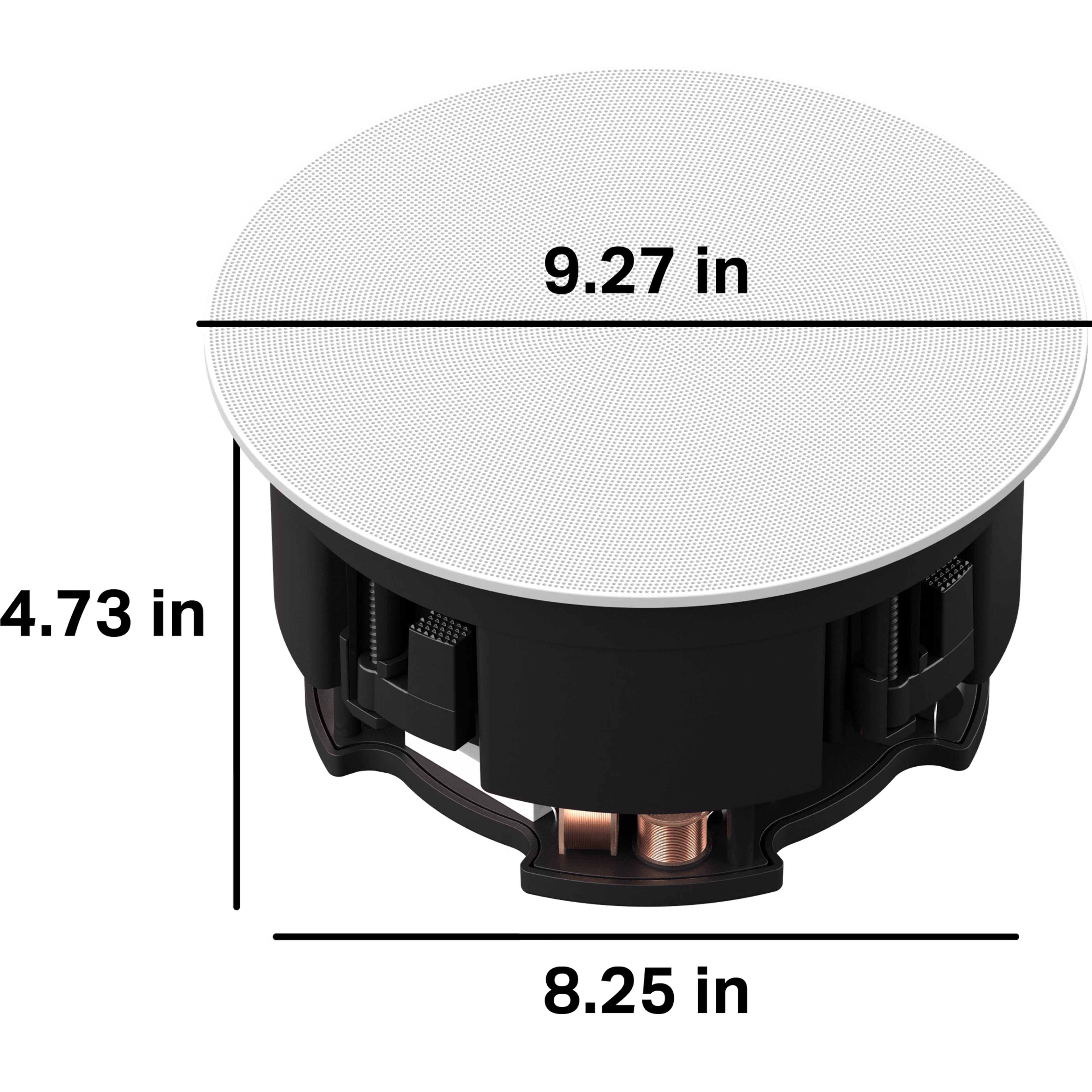 The housing for these in-ceiling speakers is 4.73 inches deep, requiring a 8.25 inch diameter cutout. The outer grille diameter is 9.27 inches.