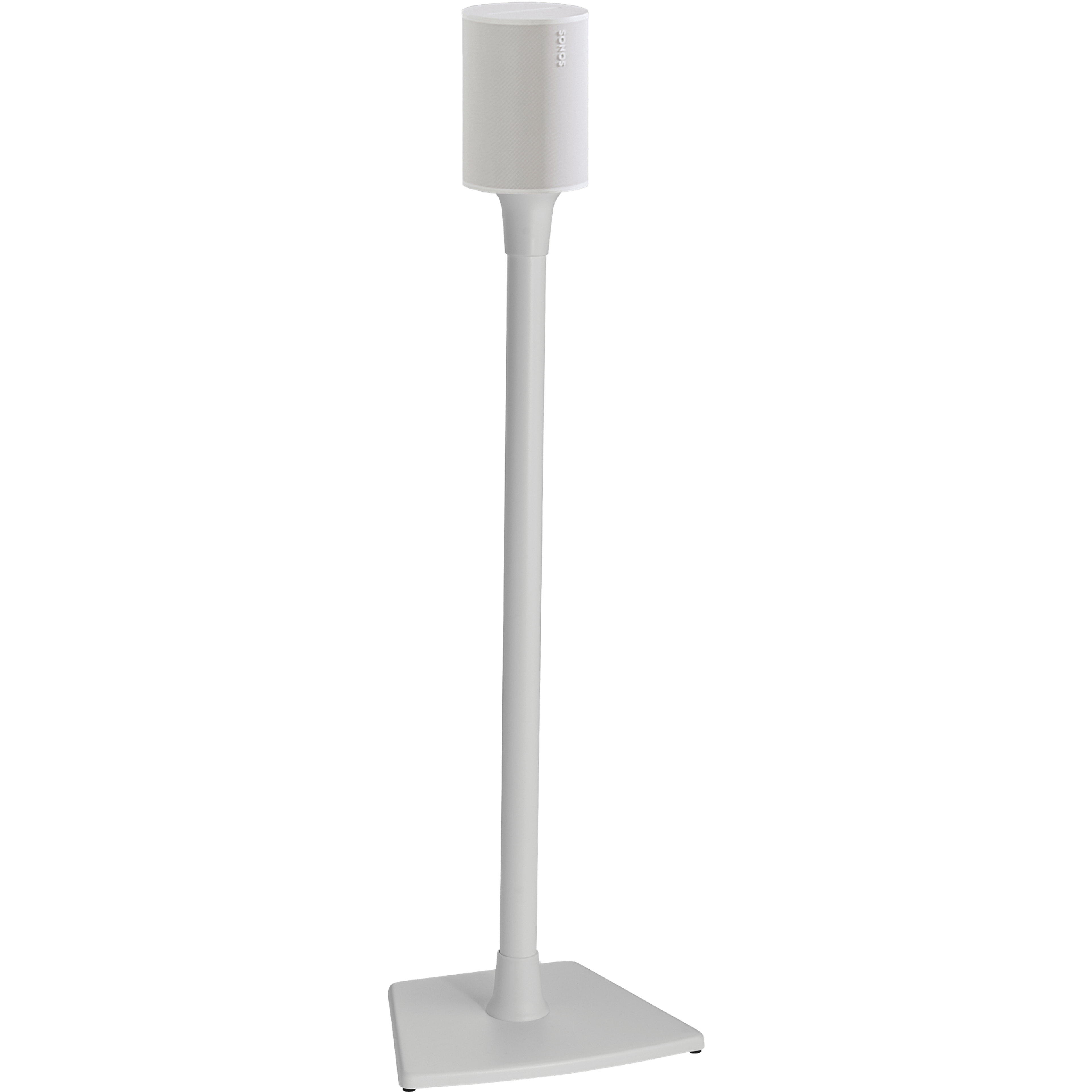 Image of a white Sanus stand holding a white Sonos Era 100 speaker