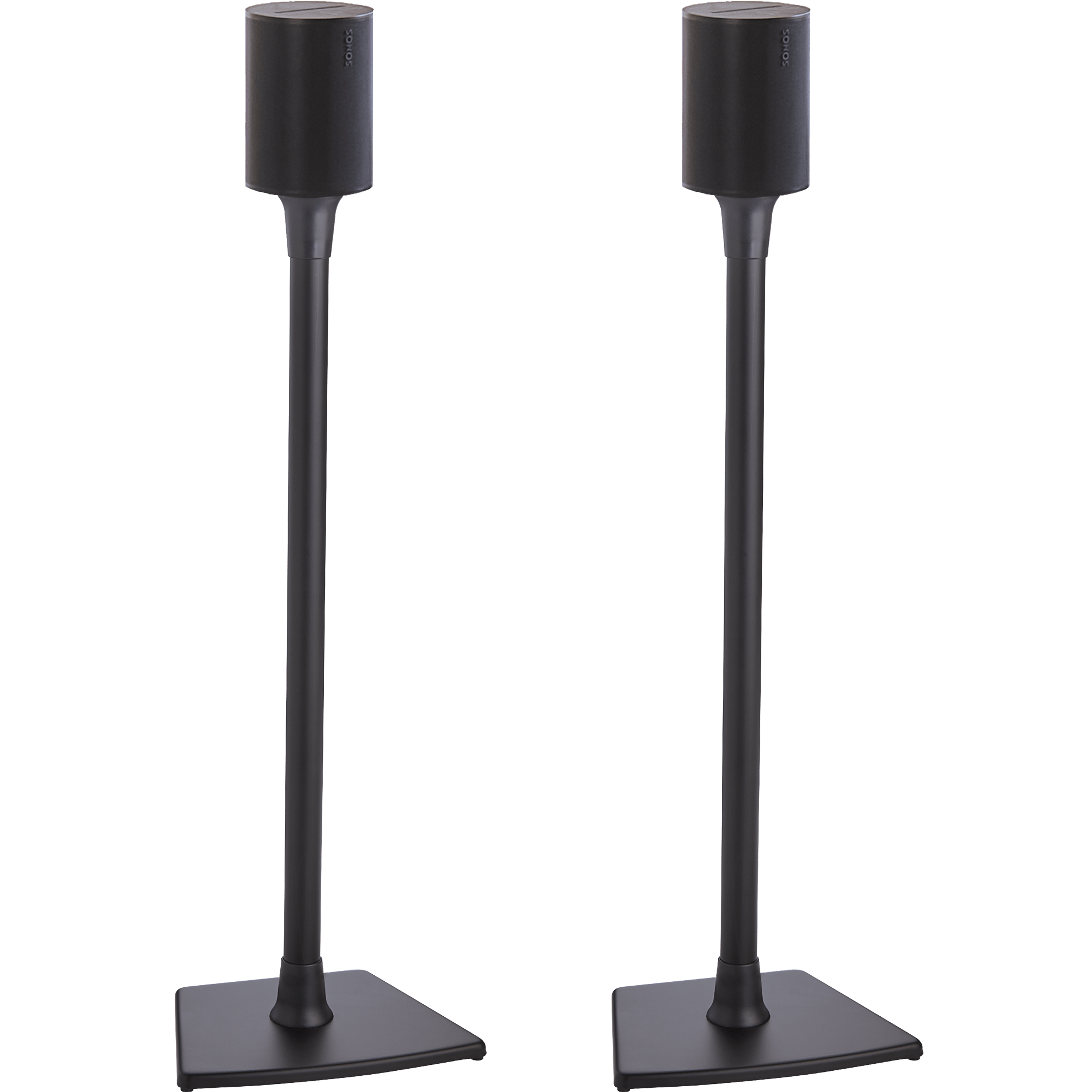 Image of a pair of black Sanus stands holding a pair of black Sonos Era 100 speakers