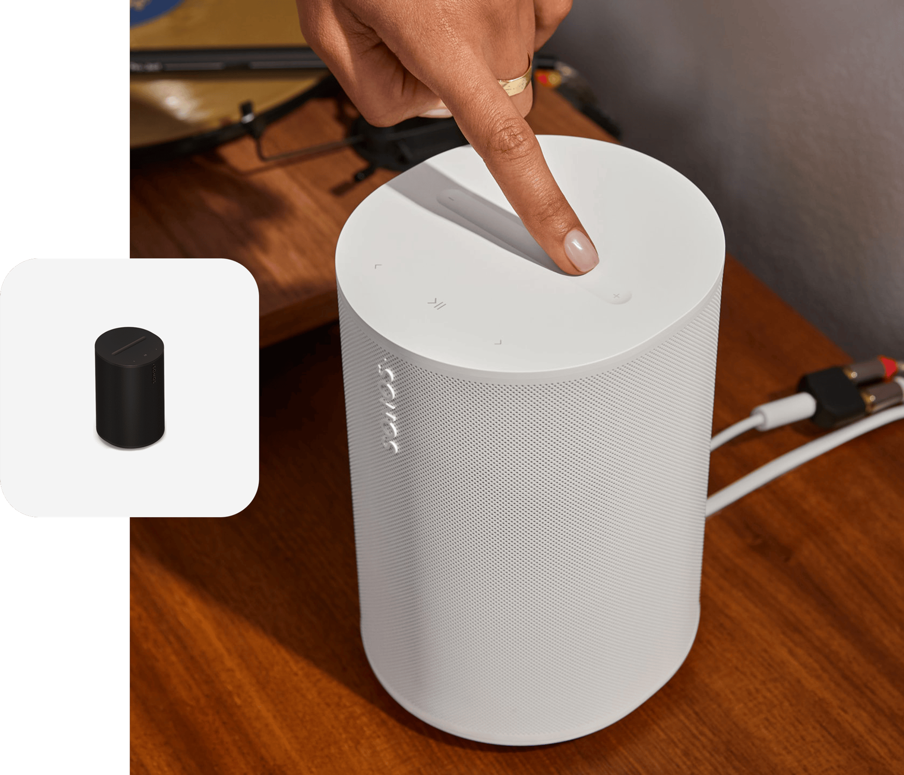 User tapping the volume slider on a white Sonos Era 100 SL speaker