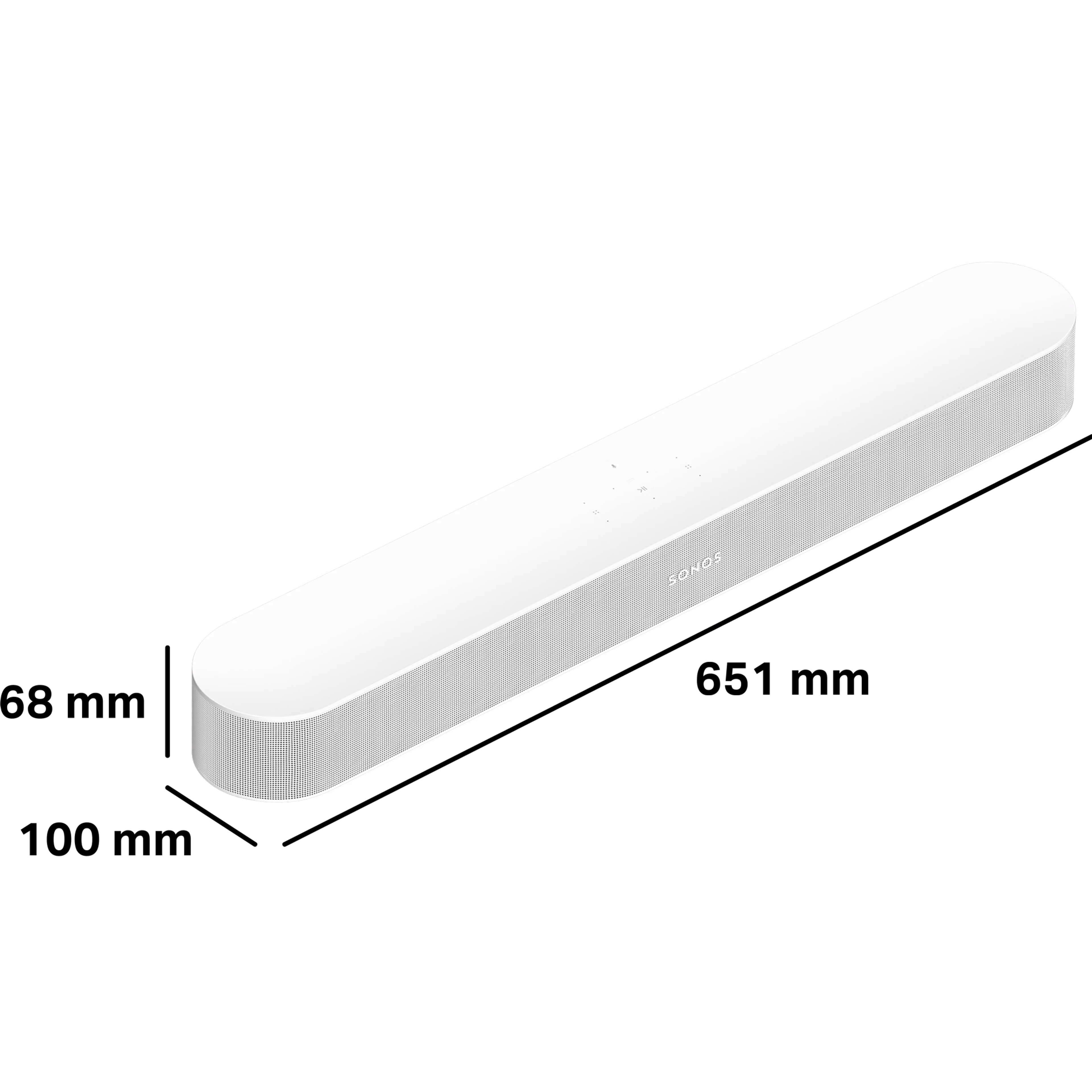 Dimensiones de Sonos Beam: 68 mm (2,68") de alto, 100 mm (3,94") de profundidad y 651 mm (25,63") de ancho